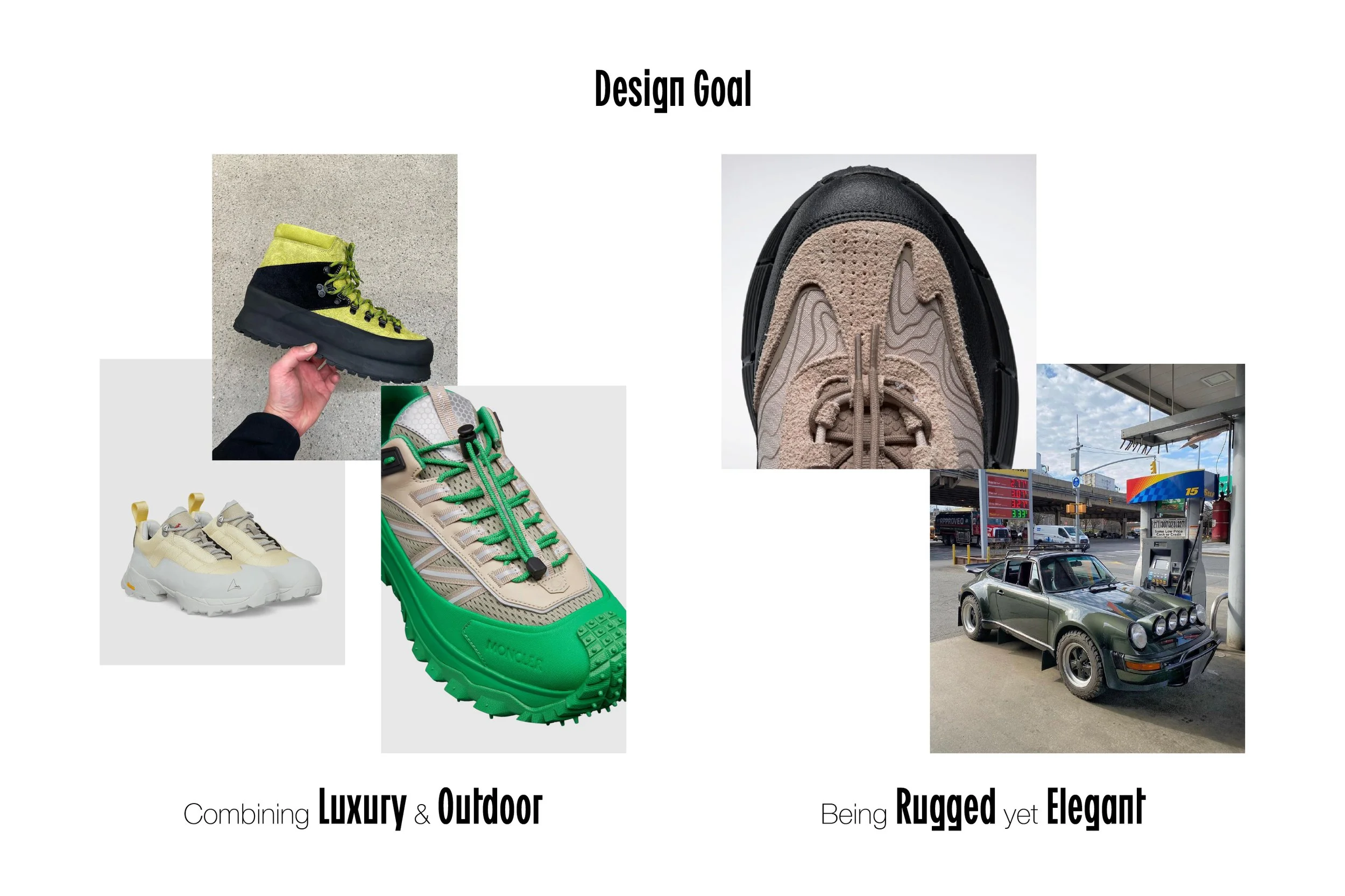 Design goal poster showing images of luxury outdoor shoes and rugged yet elegant cars. Text reads 'Combining Luxury & Outdoor' and 'Being Rugged yet Elegant'.