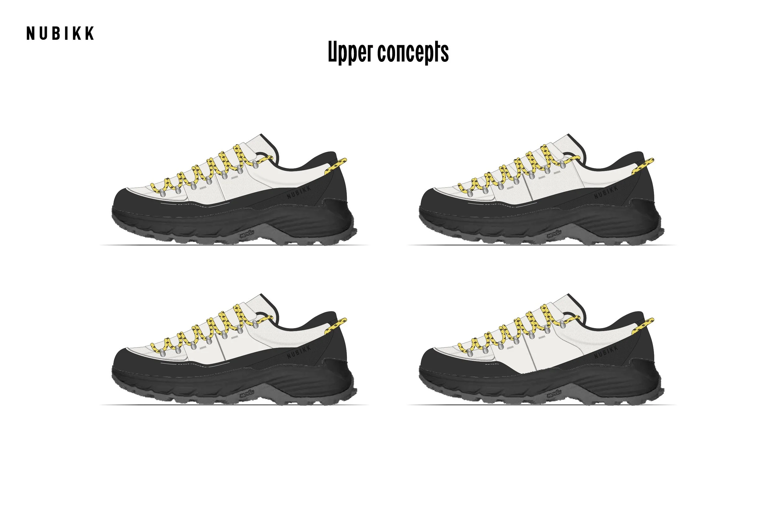 Illustration showing four different views of an outdoor sneaker with a black and white color scheme, yellow laces, and the brand name Nubikk on the side, labeled as 'Upper concepts'.