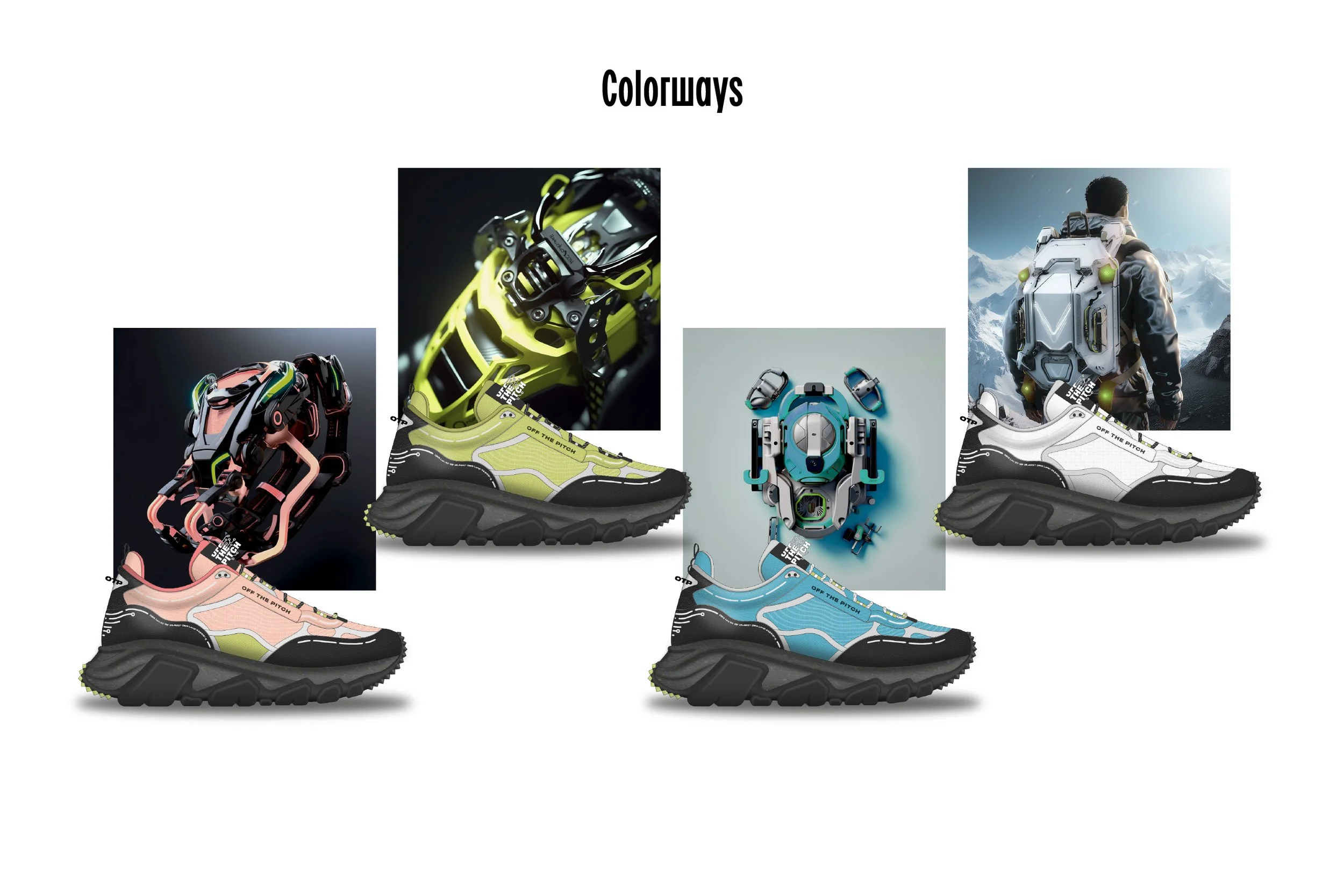 Collection of four colorful hiking shoes in black, pink, yellow, blue, and white, each with a digital close-up of the shoe's lacing and durable sole, set against a white background with a mountaineer in snowy mountains in the background.