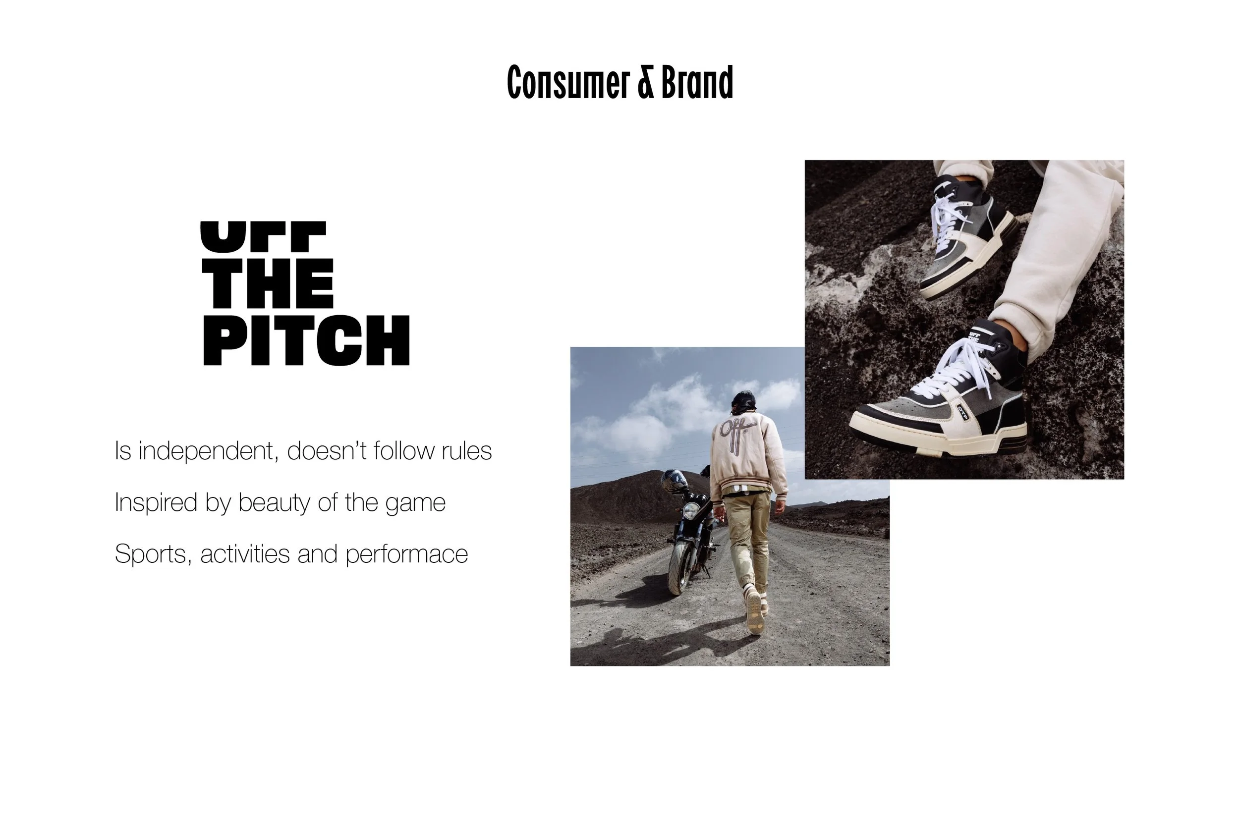 A person in beige pants and a beige jacket with graphic writing on the back, walking on a dirt road while pushing a bicycle under a partly cloudy sky. Two photos of black and gray sneakers with white laces and soles are overlayed on the right side.