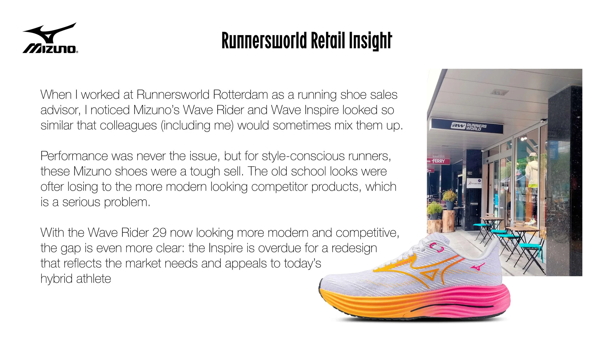 A webpage featuring Mizuno running shoes, specifically the Wave Rider 29, with a storefront and outdoor seating area in the background.