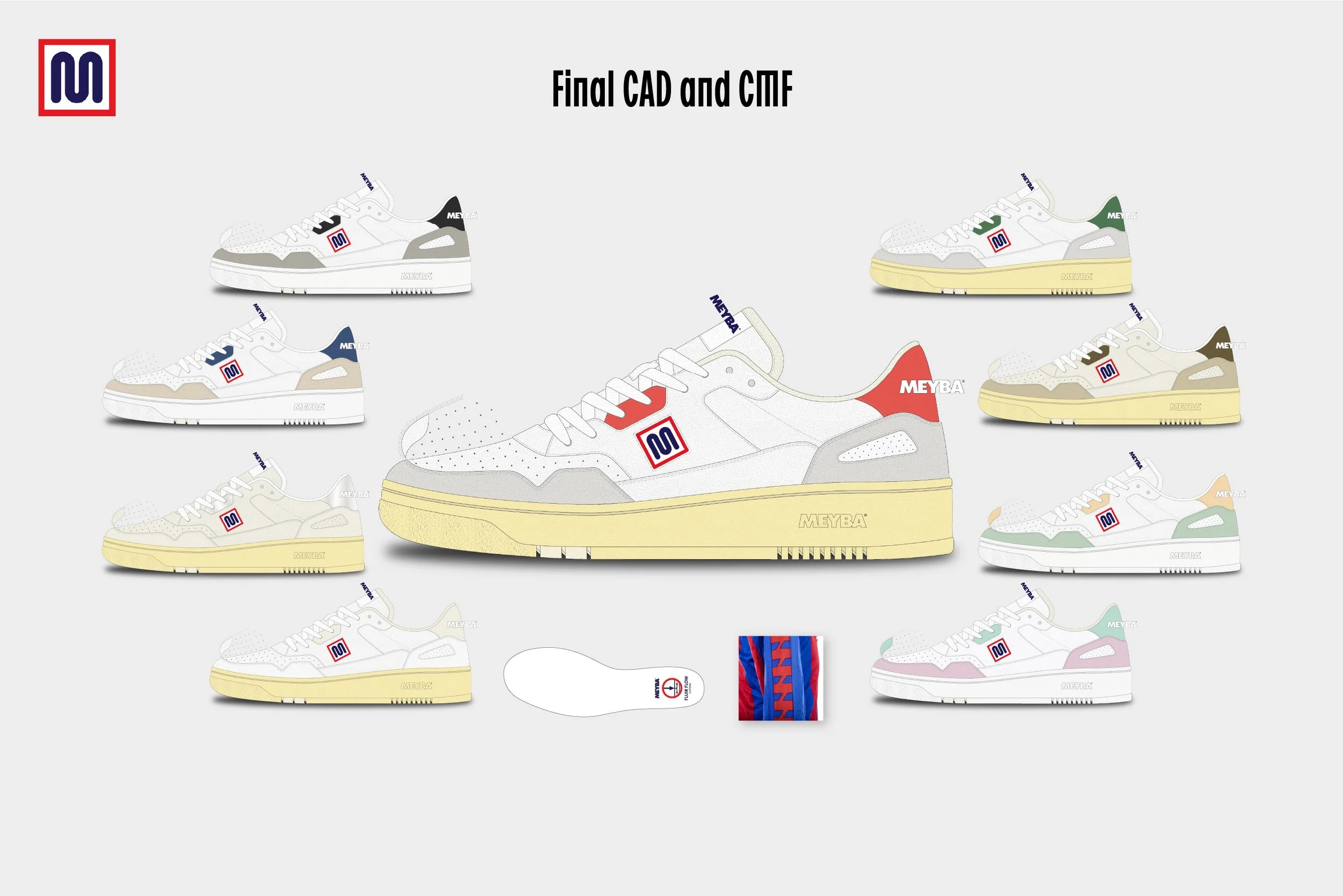 Diagram of a sneaker in various colorways and a sole, with text 'Final CAD and CMF' at the top.