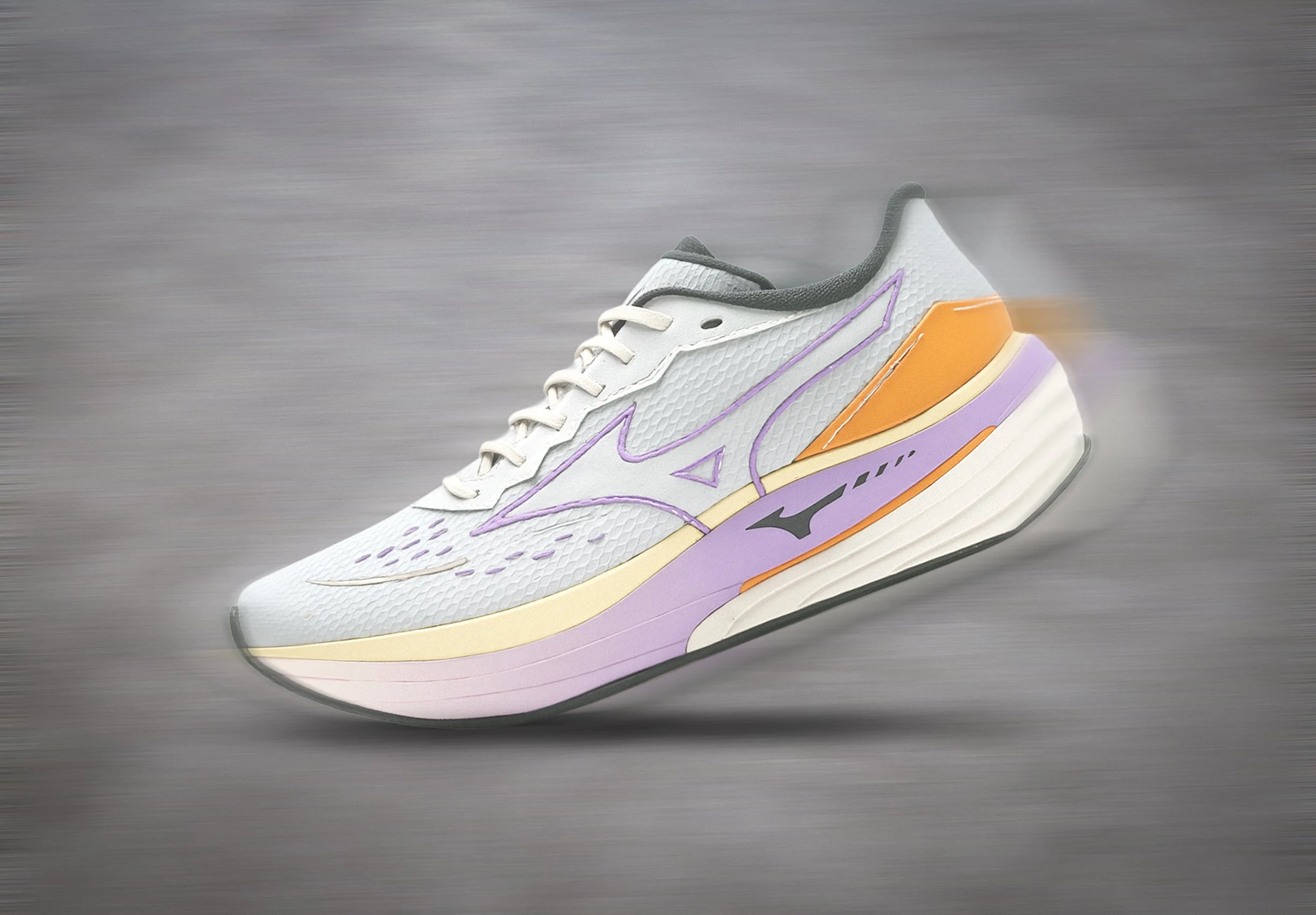 A modern athletic running shoe with a white mesh upper, purple accents, orange and yellow detailing, and a thick, cushioned sole, in motion on a blurred background.