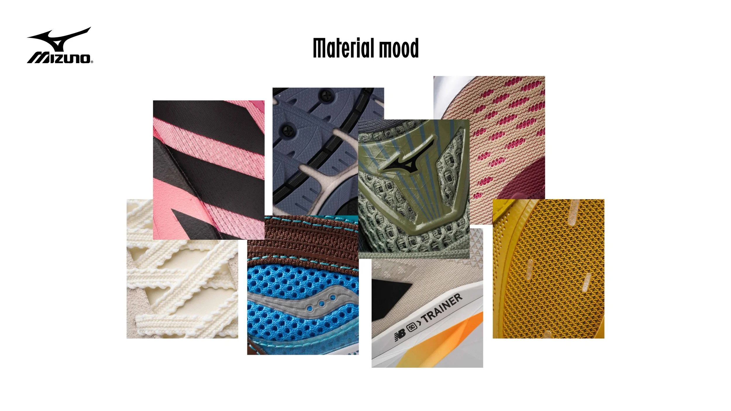 Collage of various athletic shoe materials, including fabrics, mesh, and rubber in multiple colors, associated with Mizuno brand.