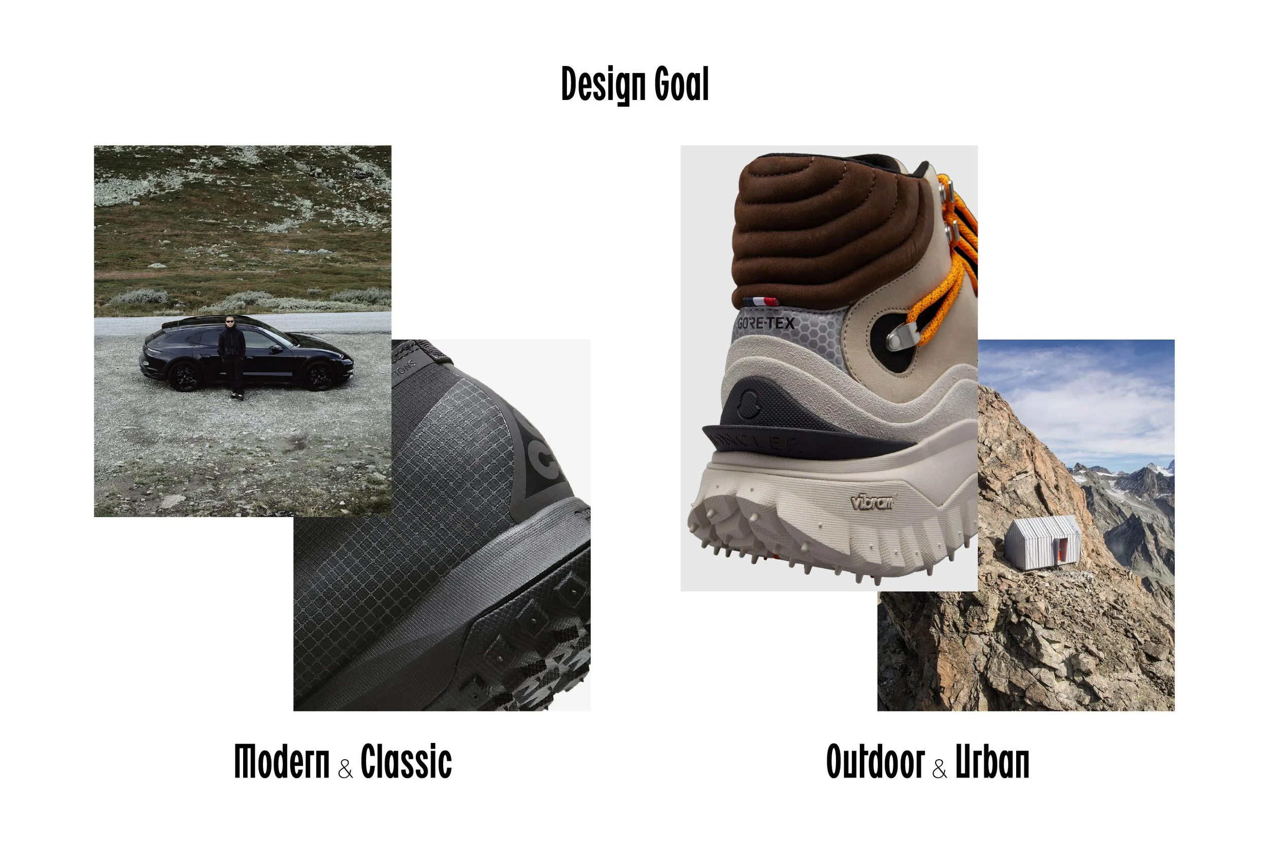 Design goal poster showing a modern black car and sneaker on the left labeled 'Modern & Classic,' and an outdoor mountain scene with rugged sneakers and a portable shelter on the right labeled 'Outdoor & Urban.'