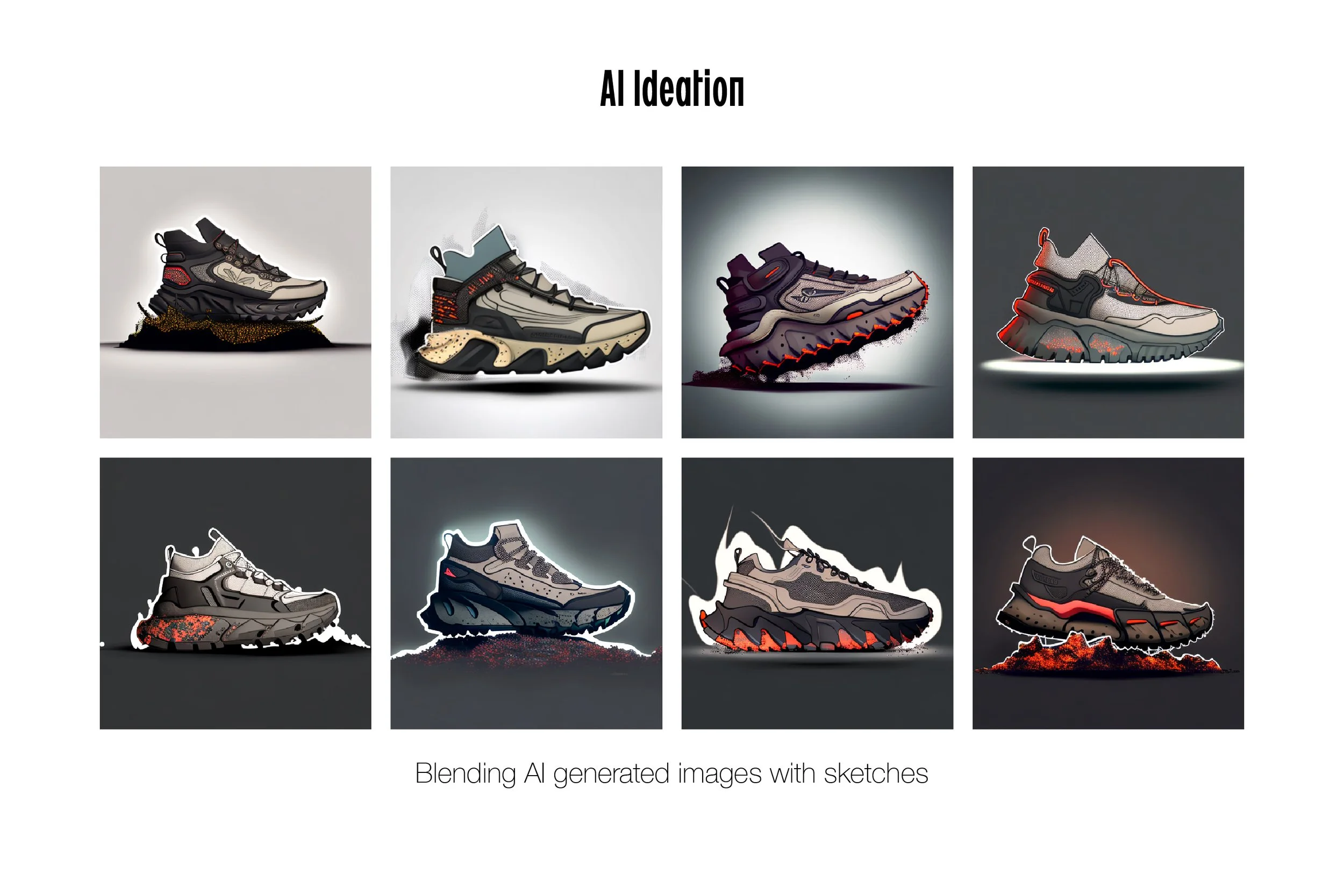 Image showing eight digitally rendered sneaker designs with sketches, labeled 'AI Ideation.' The sneakers are in various colors and styles, with some displayed on abstract grounds or backgrounds, illustrating blending AI-generated images with sketches, and a caption reading 'Blending AI generated images with sketches.'