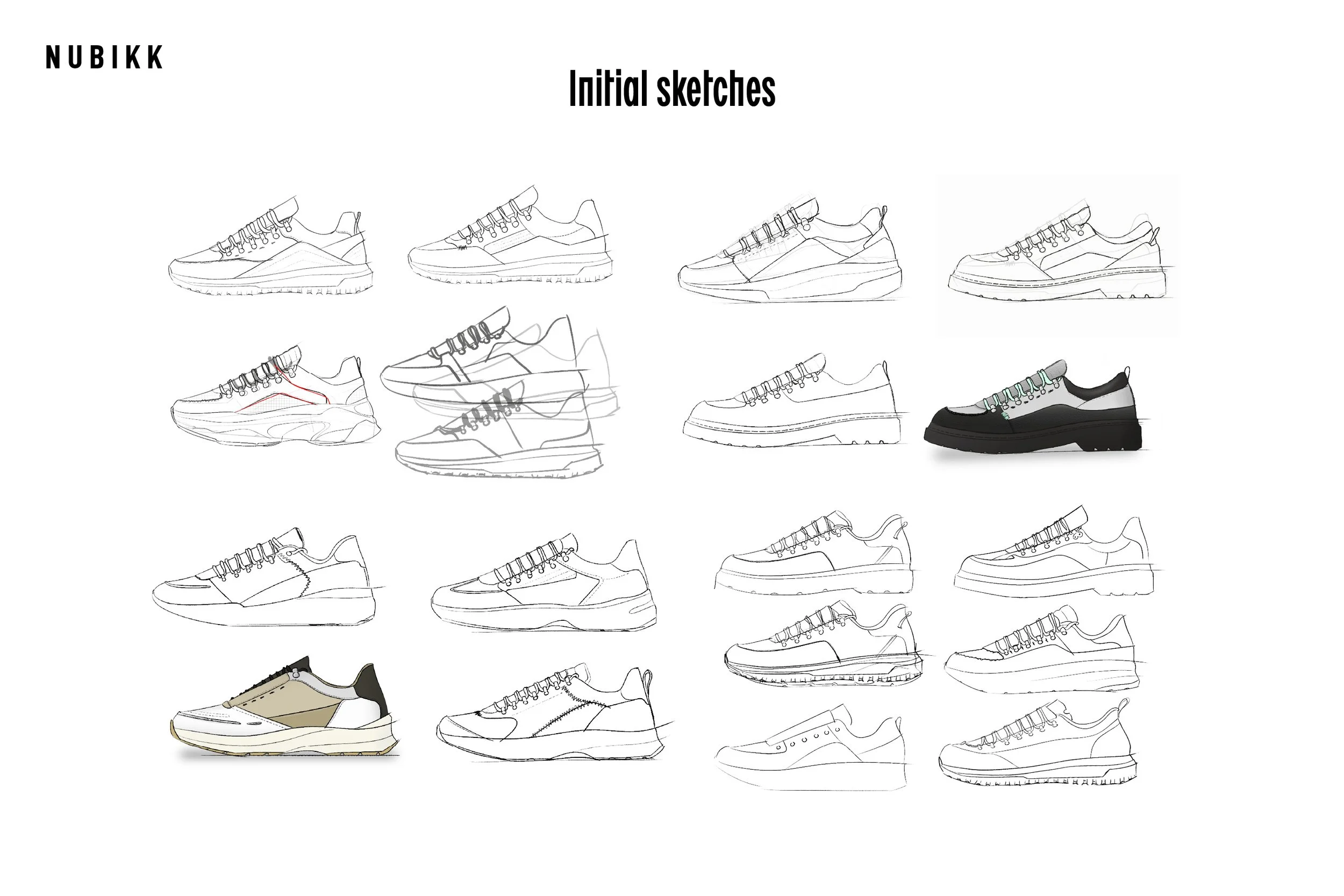 Sketches of various sneaker designs with some colored and some in black and white, with a focus on initial concept development.