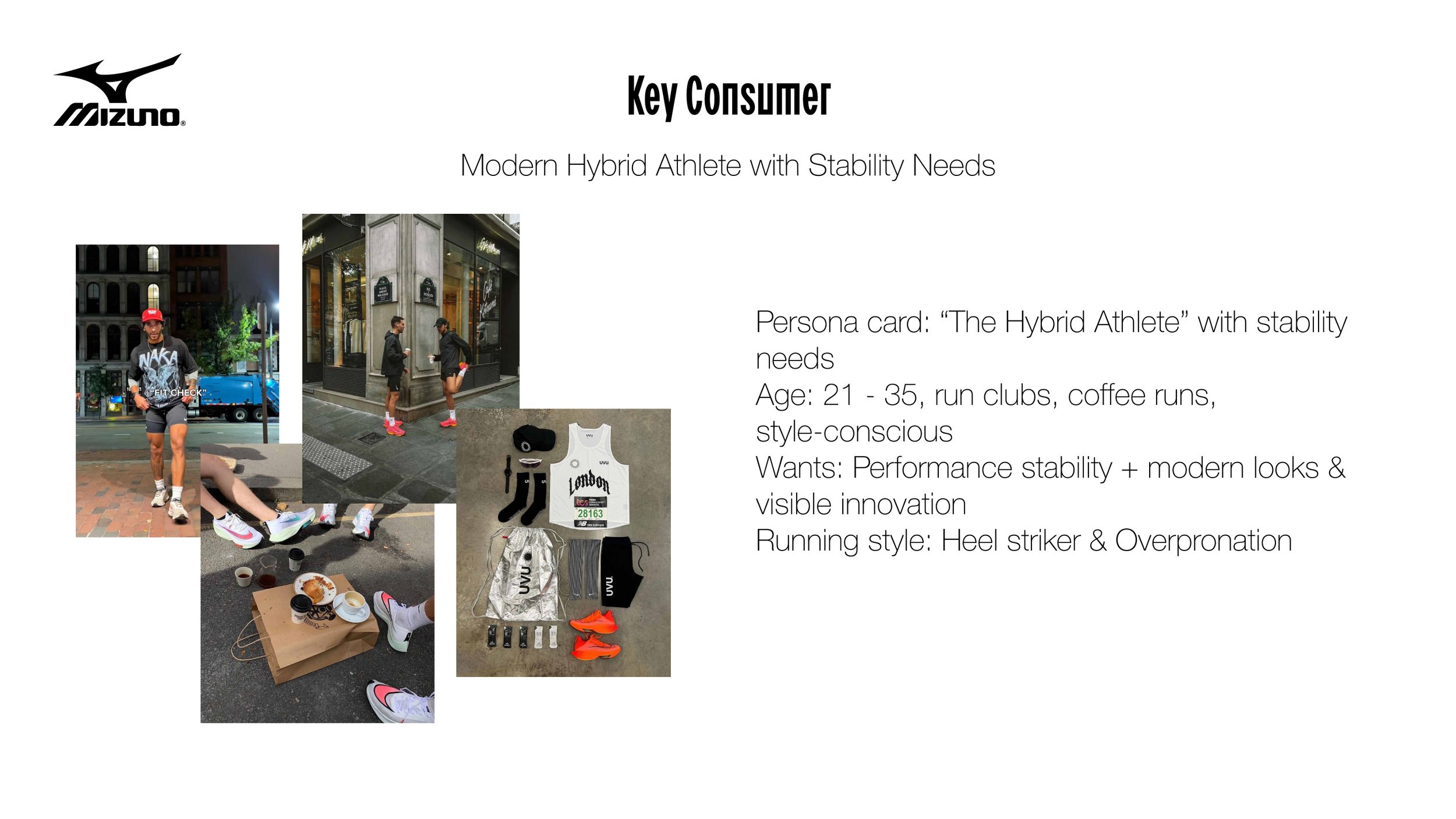 A presentation slide about a modern hybrid athlete, featuring photos of athletes in running gear, a city sidewalk scene, a collection of running accessories, and a persona card outlining the target age group, interests, desires, and running styles.