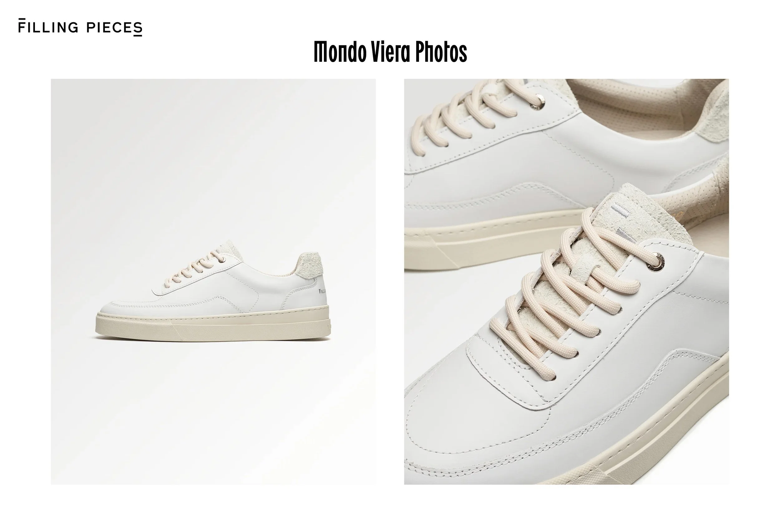 A pair of white sneakers with beige laces and a beige sole, shown in a side view and a close-up detail view.