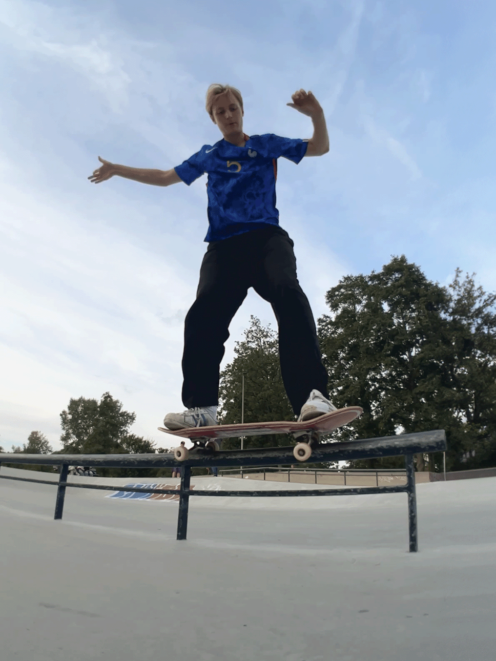 Skateboarder performing a trick on a rail at a skate park during daytime.