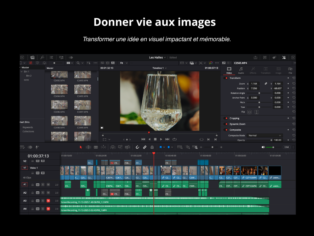 Capture d'écran d'un logiciel de montage vidéo avec une vidéo d'un verre d'eau transparent au centre de l'écran.