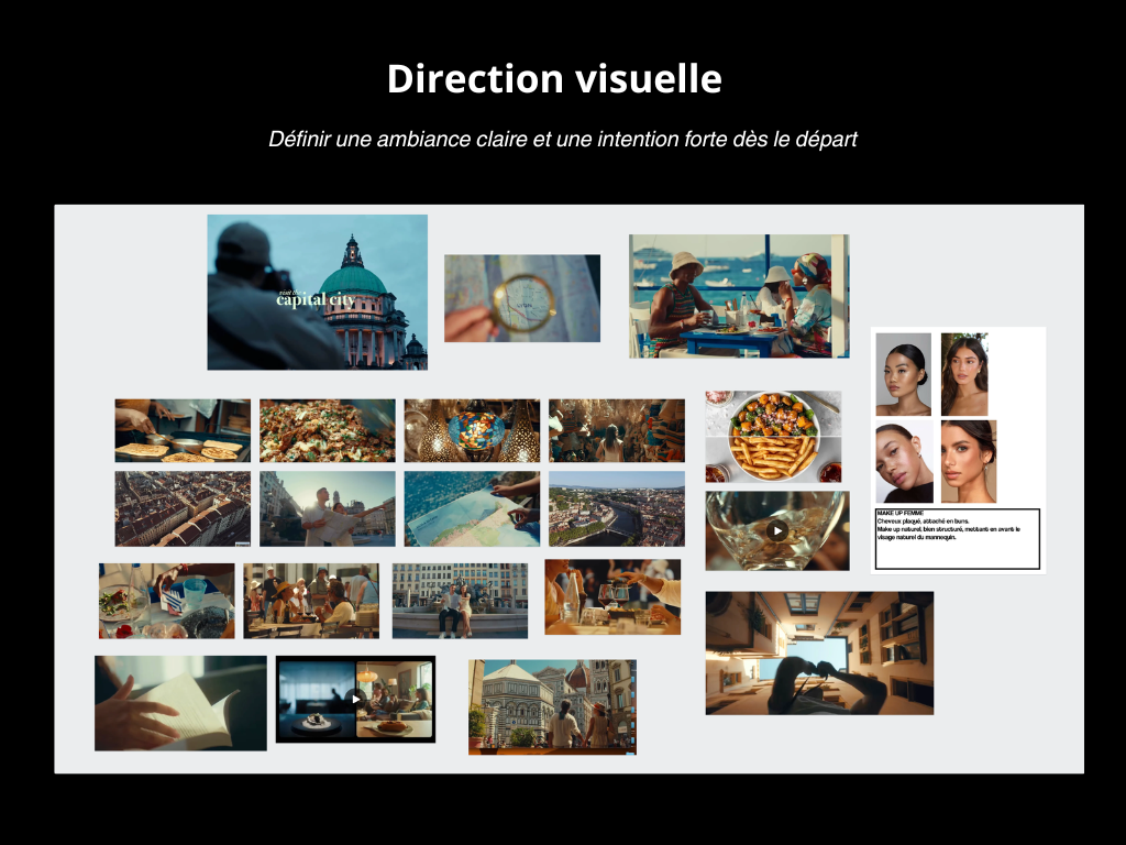Diaporama sur la direction visuelle avec plusieurs photos montrant des paysages urbains, des activités de plein air, des repas, des gens en groupe, des portraits féminins, et une description de maquillage pour femme