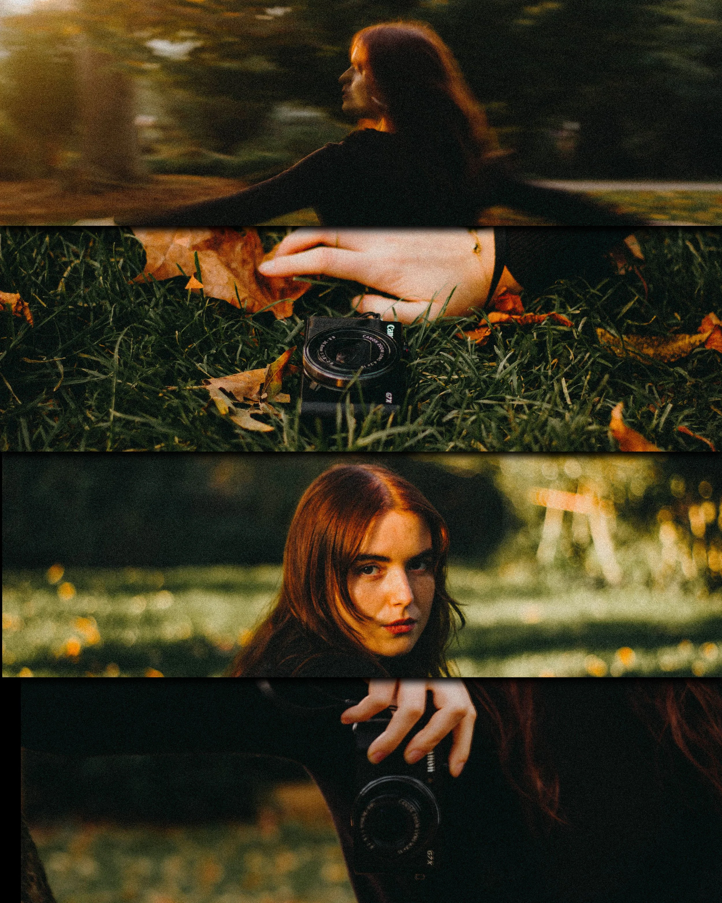 Une femme aux cheveux roux dans un parc en automne, tenant un appareil photo, avec des feuilles mortes autour, une caméra posée sur l'herbe, et un chick lit de femme
