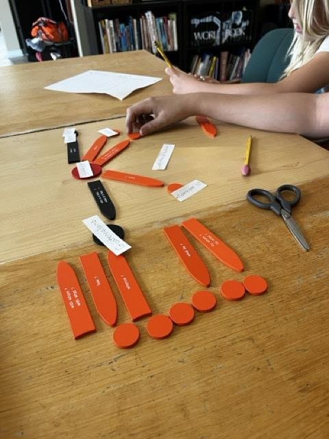 elementary homeschooler uses montessori sentence analysis materials for grammar lesson