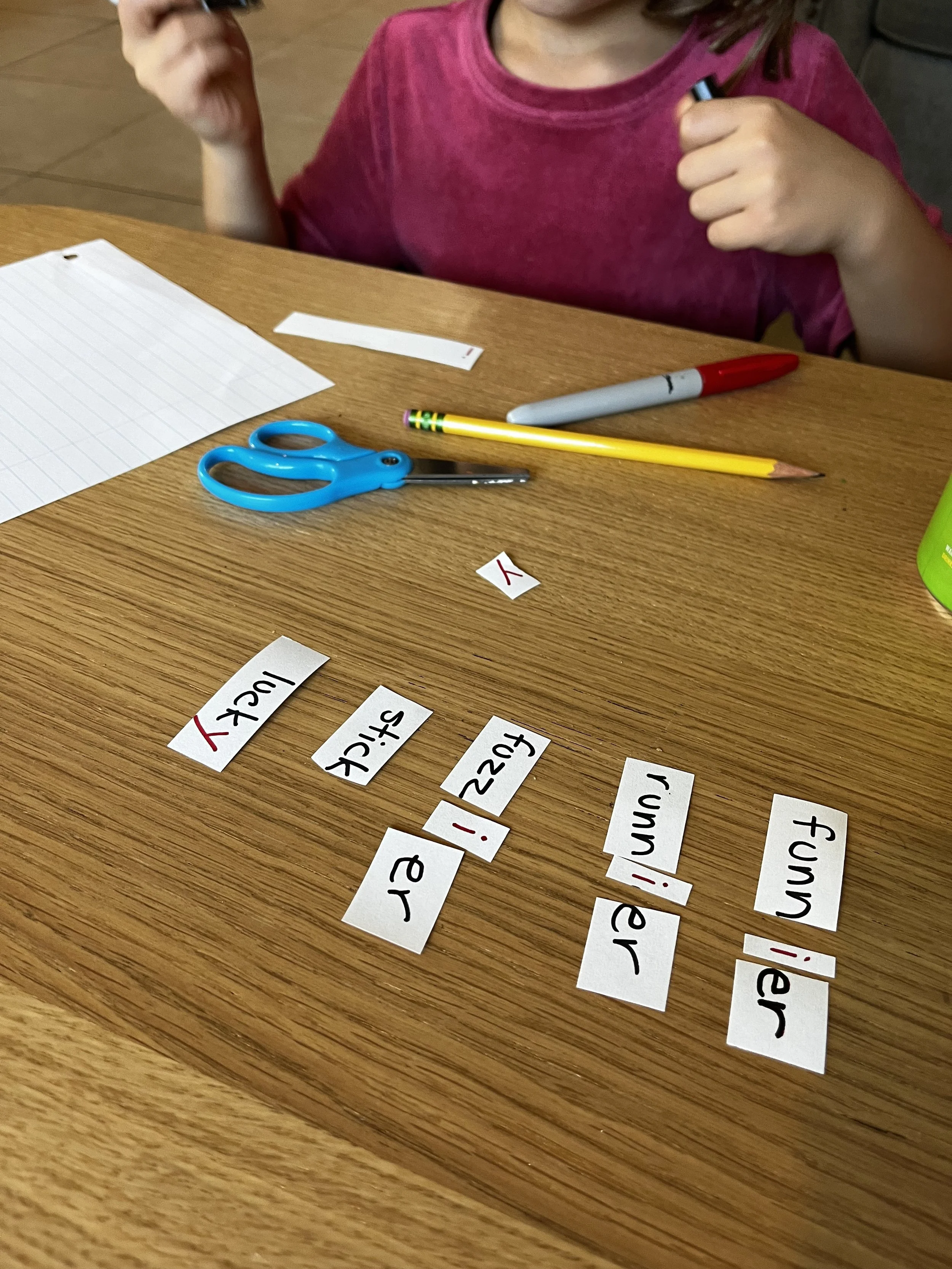 Montesori homeschool child works on spelling lesson