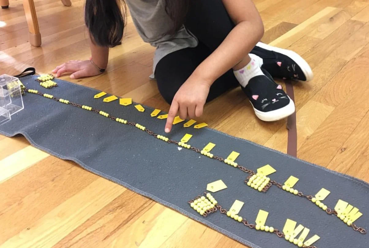 Elementary age Montessori homeschooler works with bead chain to learn skip counting math