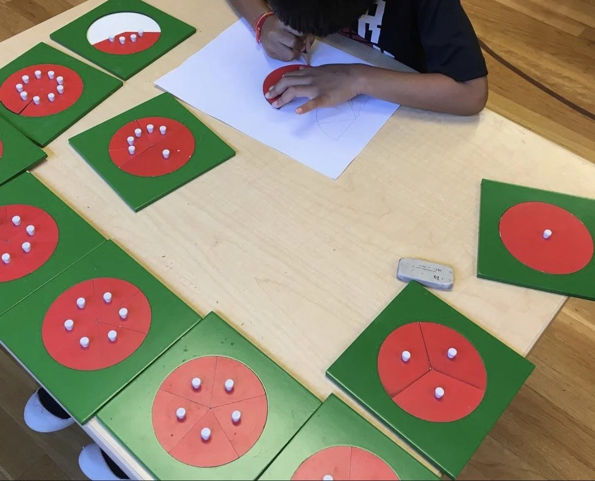 Homeschool Montessori math lesson for elementary using fraction circles