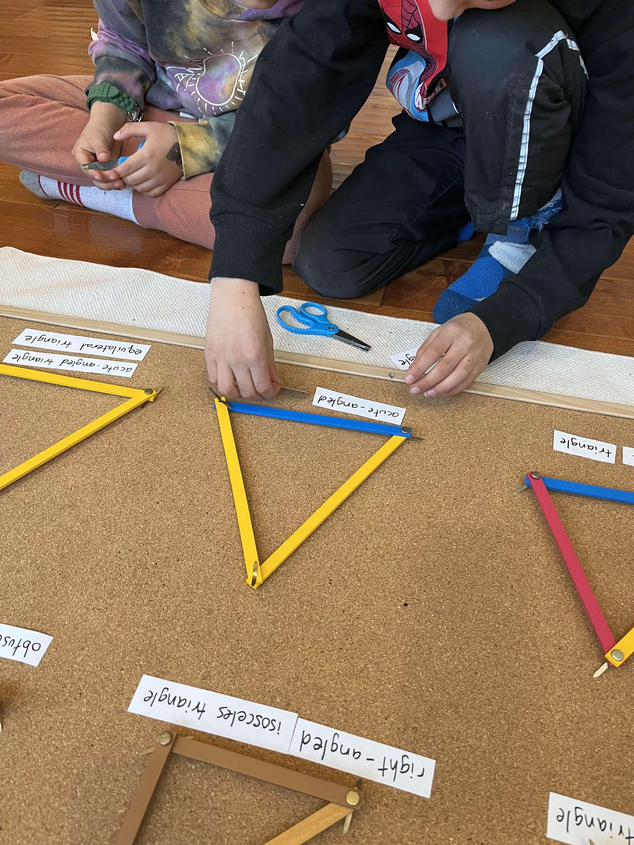 Montessori elementary homeschool child uses Geometric Stick material to study triangles