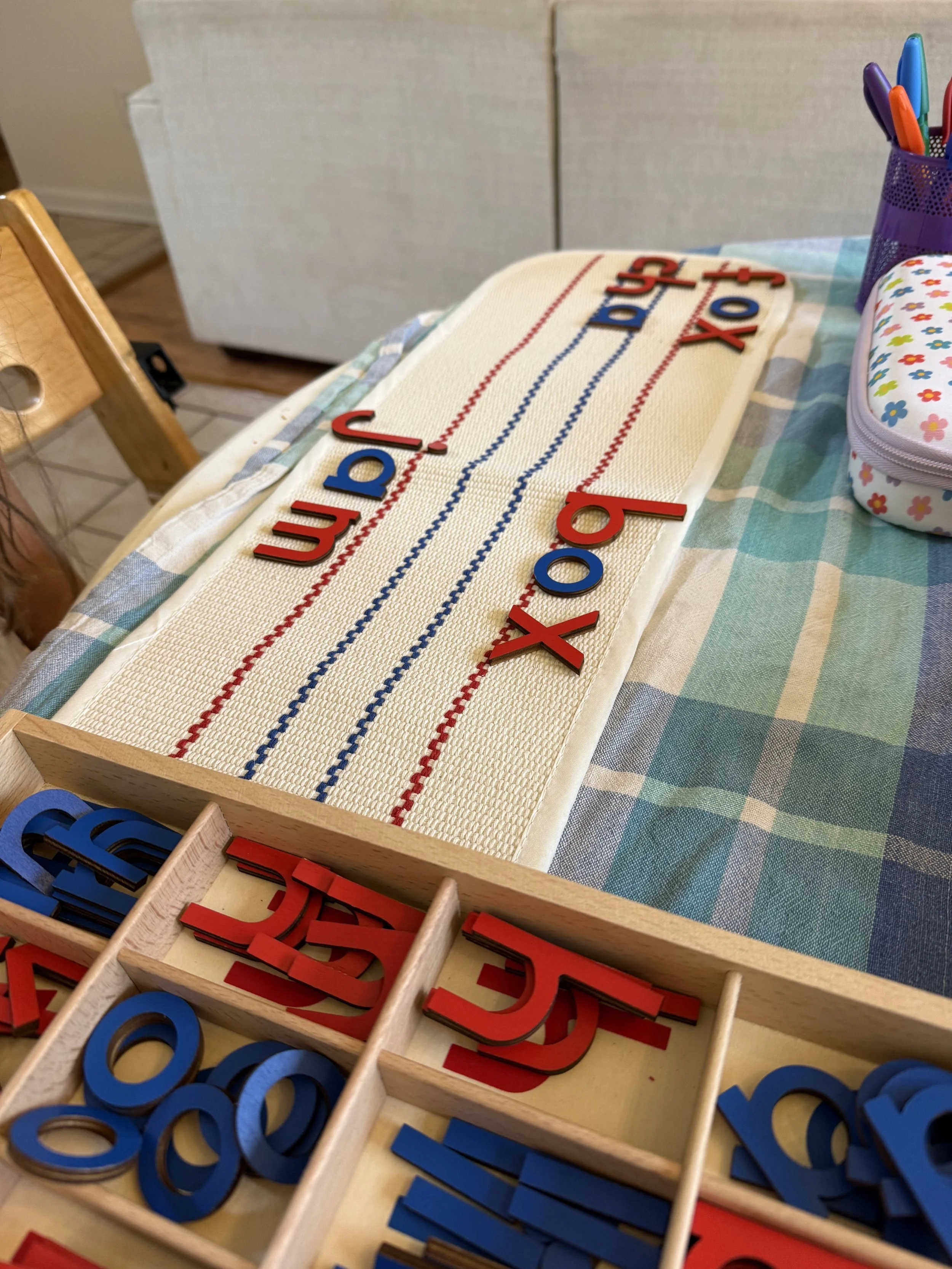 Montessori language lesson for homeschooling using moveable alphabet