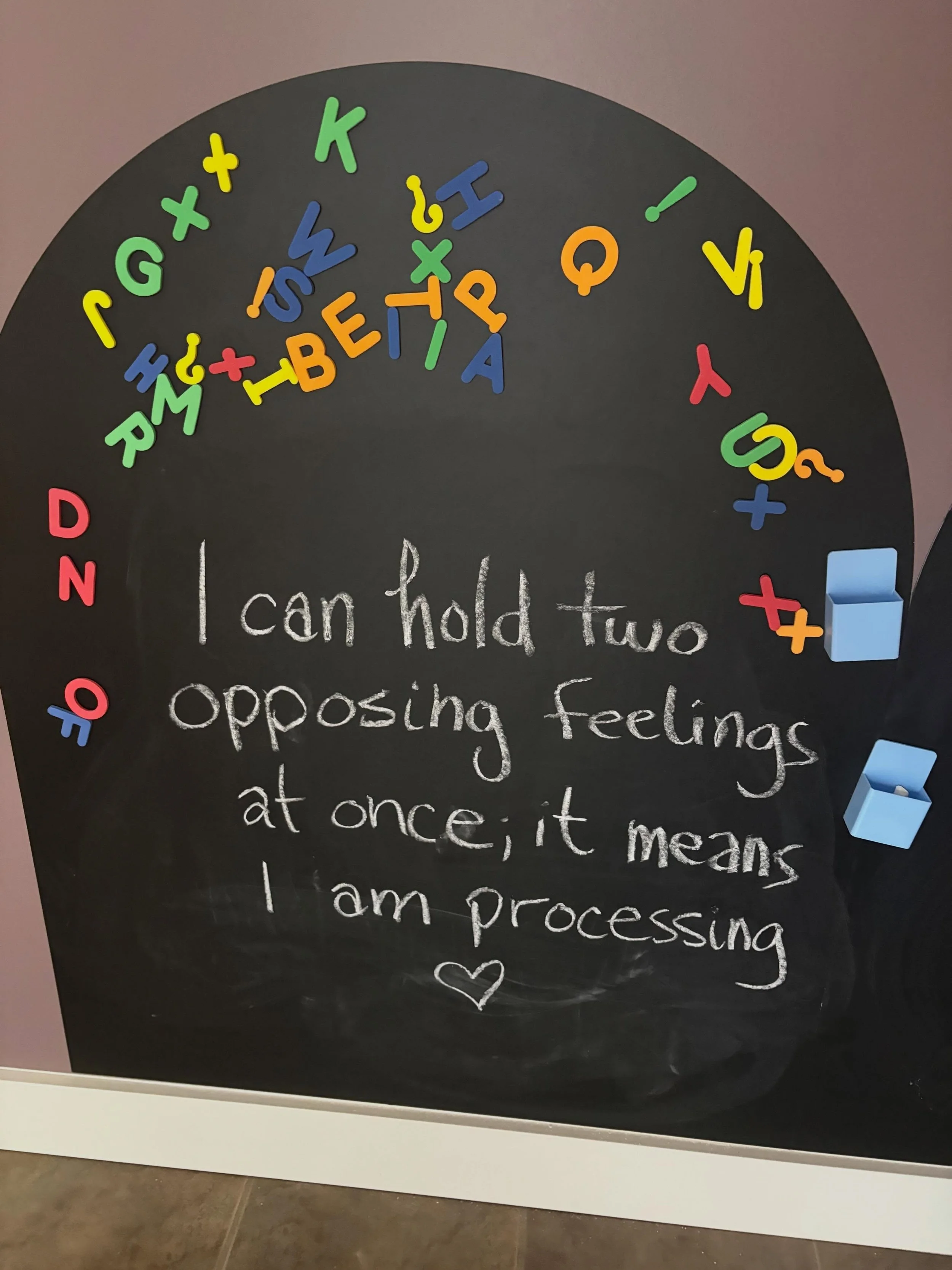 We live in a culture that loves a clean narrative. We like things to be black or white, good or bad, happy or sad. But your emotional reality is rarely that simple. 

This week&rsquo;s chalkboard reminder from Jessica reminds us to stop fighting our 