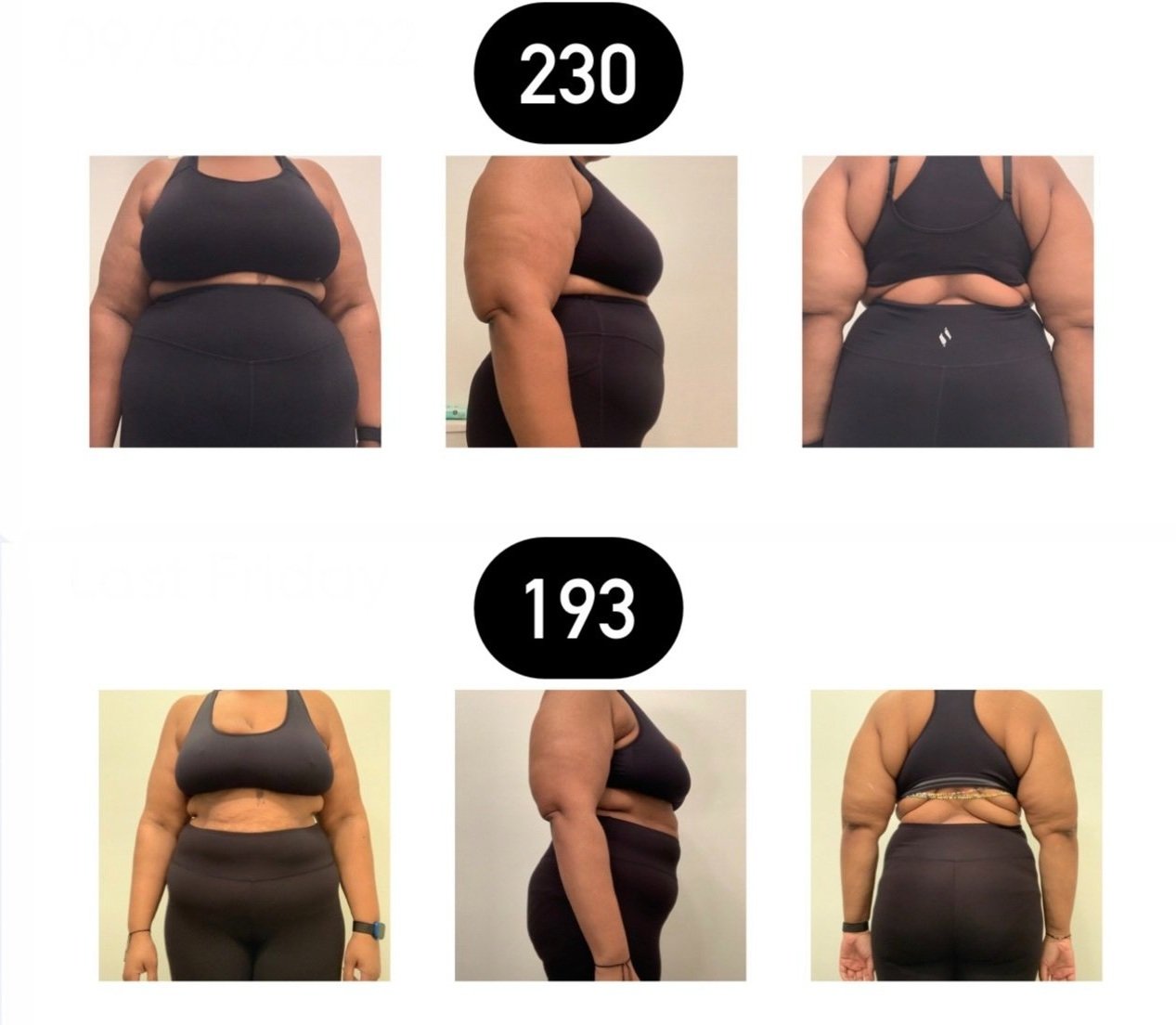 Comparison of before and after weight loss photos showing a woman in black workout clothes, with weight measurements of 230 pounds and 193 pounds.