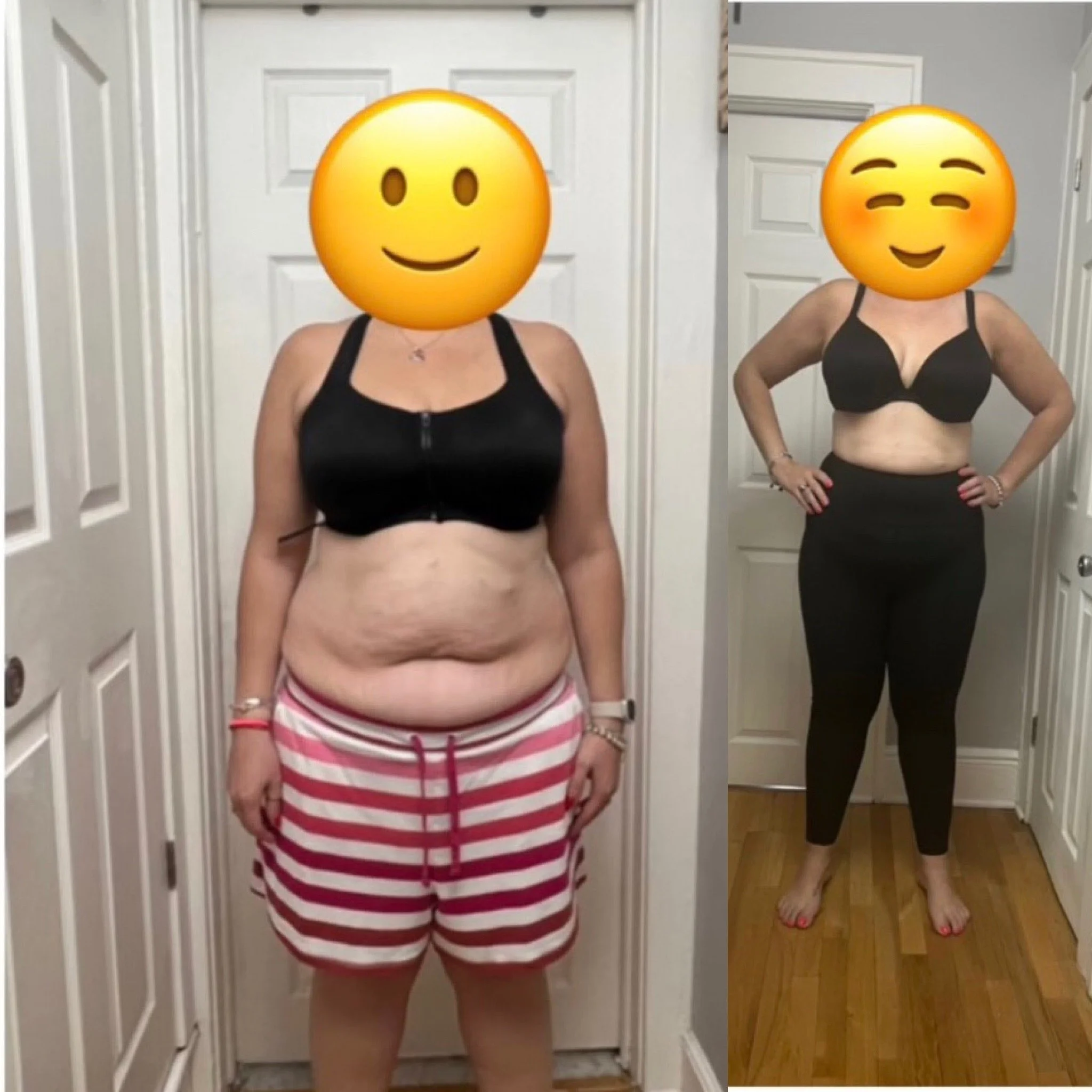 Side-by-side comparison photo of a woman before and after weight loss, with emoji faces covering her face, standing in front of a door in each picture. She is wearing different outfits in each image.