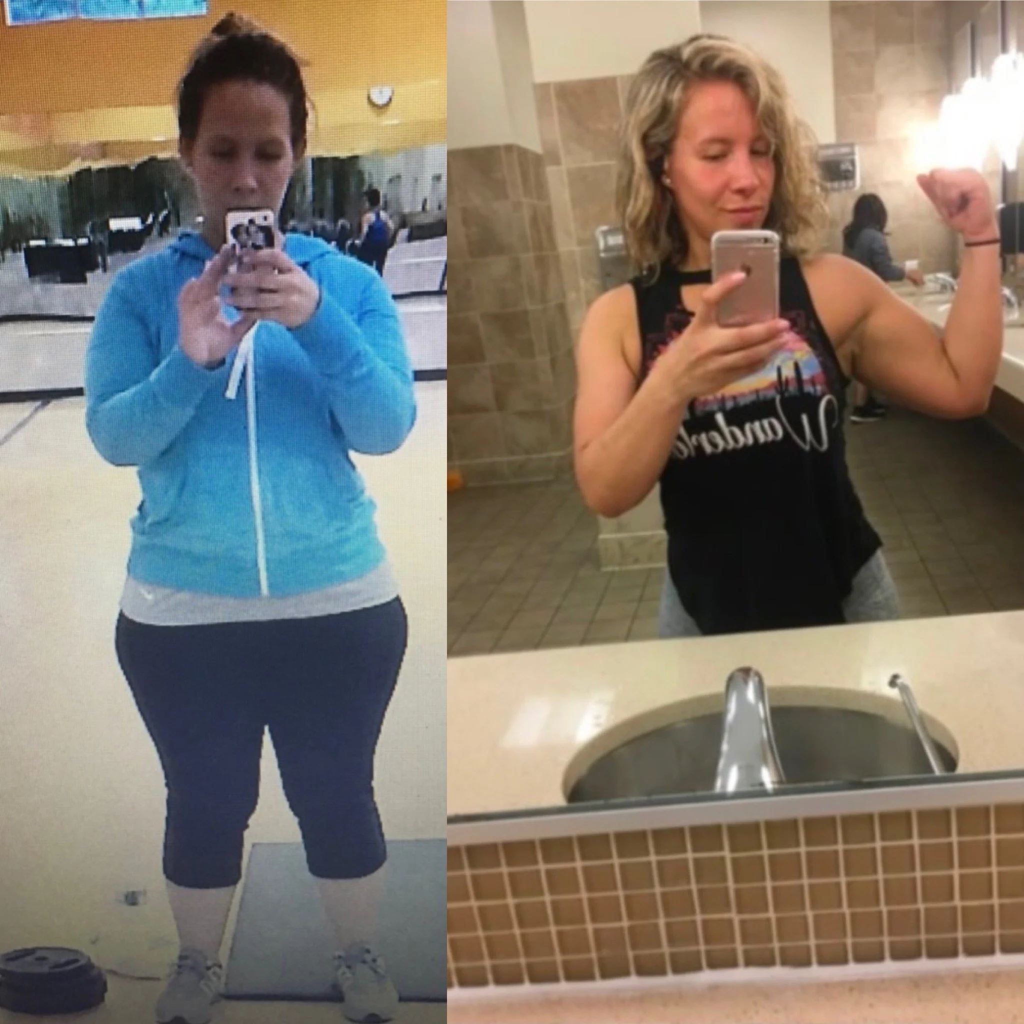 Side-by-side mirror photos of a woman showing her fitness progress, one taken at the gym and the other at a restroom, flexing her arm.