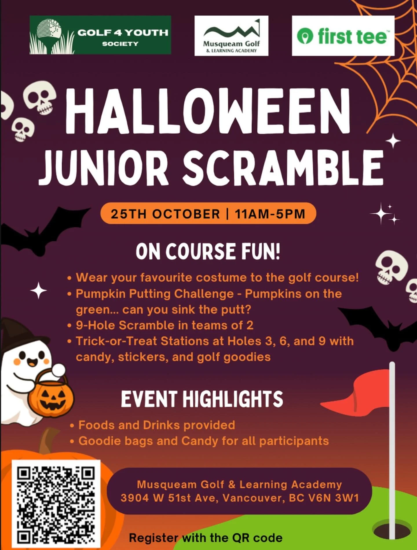 🎉 Golf 4 Youth Society is thrilled to partner with First Tee BC and Musqueam Golf Course to bring local junior golfers together for an inclusive 9-hole scramble event &mdash; celebrating kinship, teamwork, and Halloween! 🎃 🍬 

A huge thank you to 