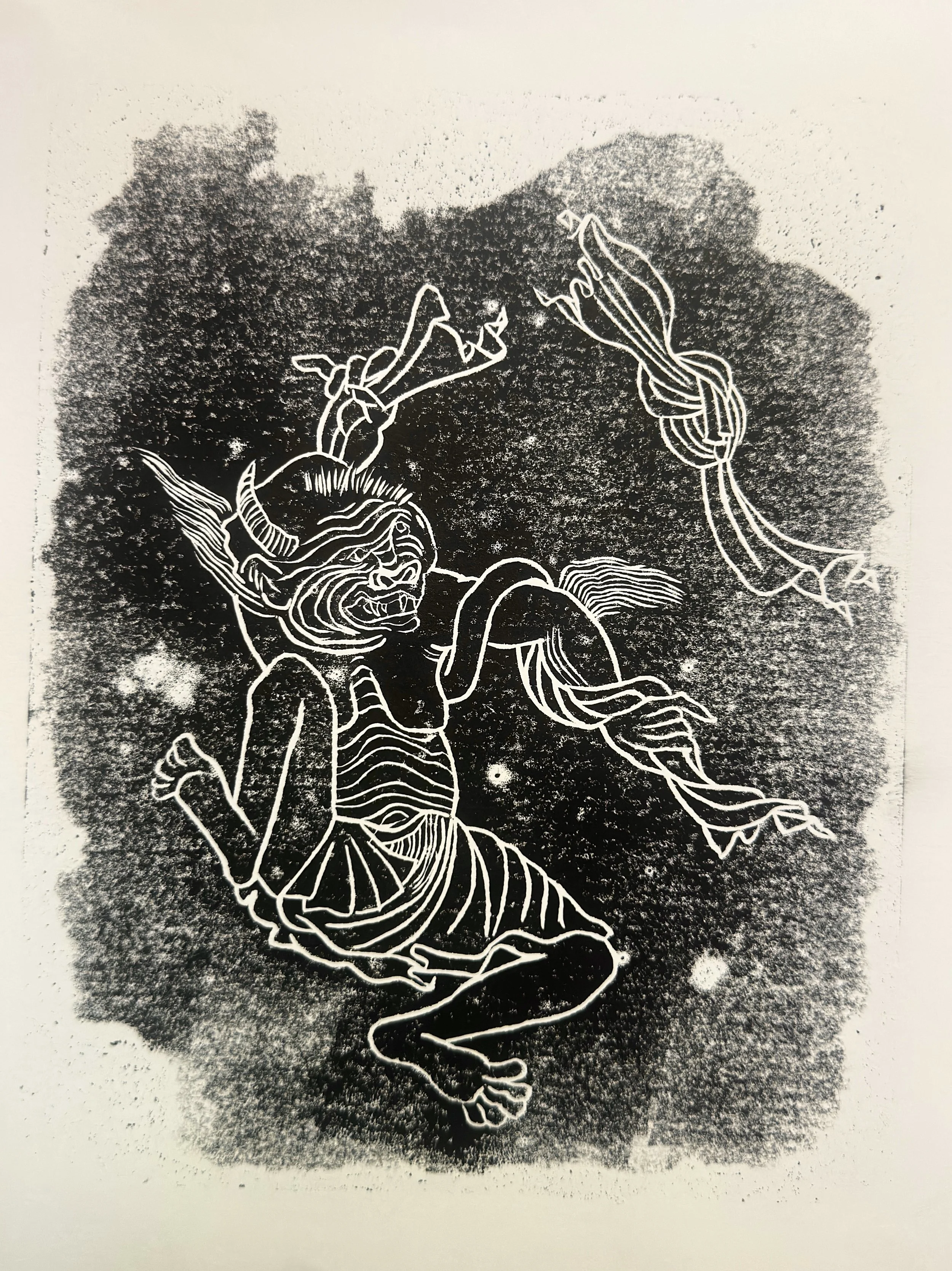 Demon, frolicking  |  2026  |  9" x 12" | Linoprint, ink on paper