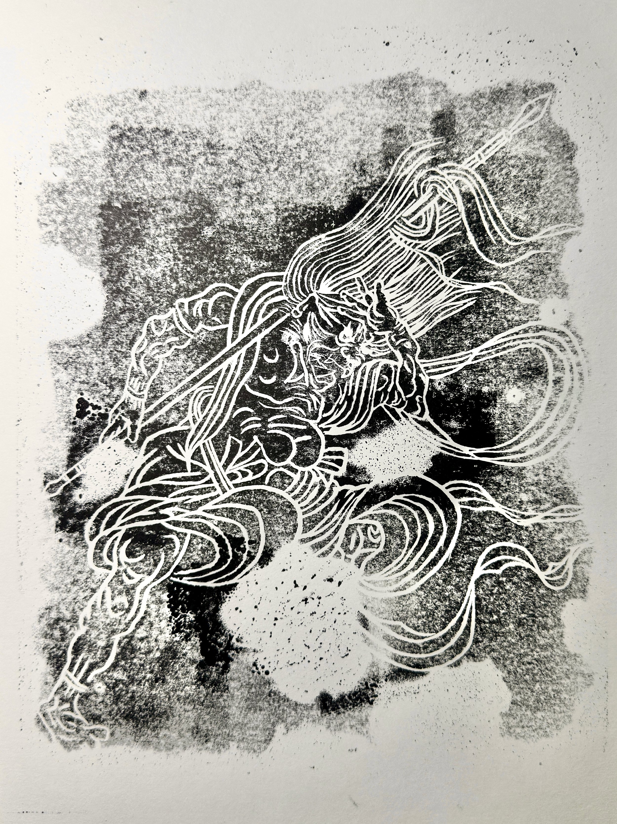 Demon, soaring  |  2026  |  9" x 12" | Linoprint, ink on paper