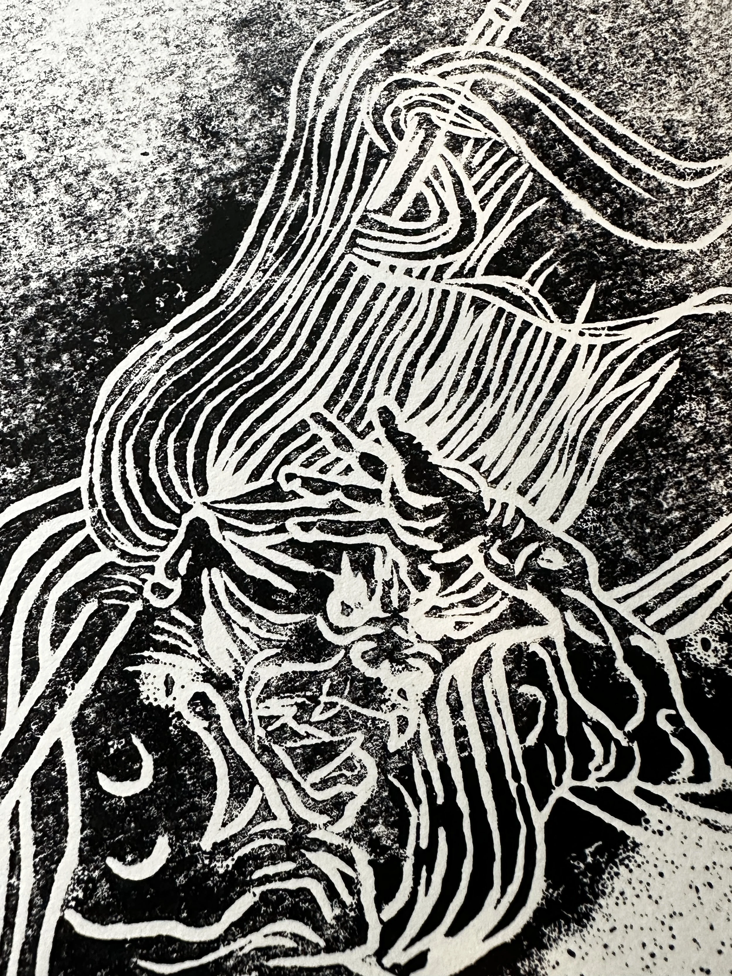 Demon, soaring  |  2026  |  9" x 12" | Linoprint, ink on paper