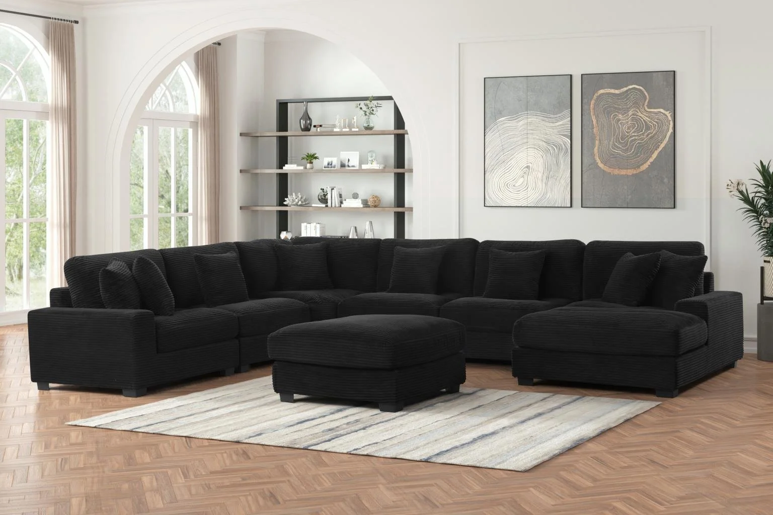 6PC Sectional $2,500 (S515)
Color: Black
Features:
Corduroy Upholstery,
Plush Cushions,
Removable Seat & Back Cushions