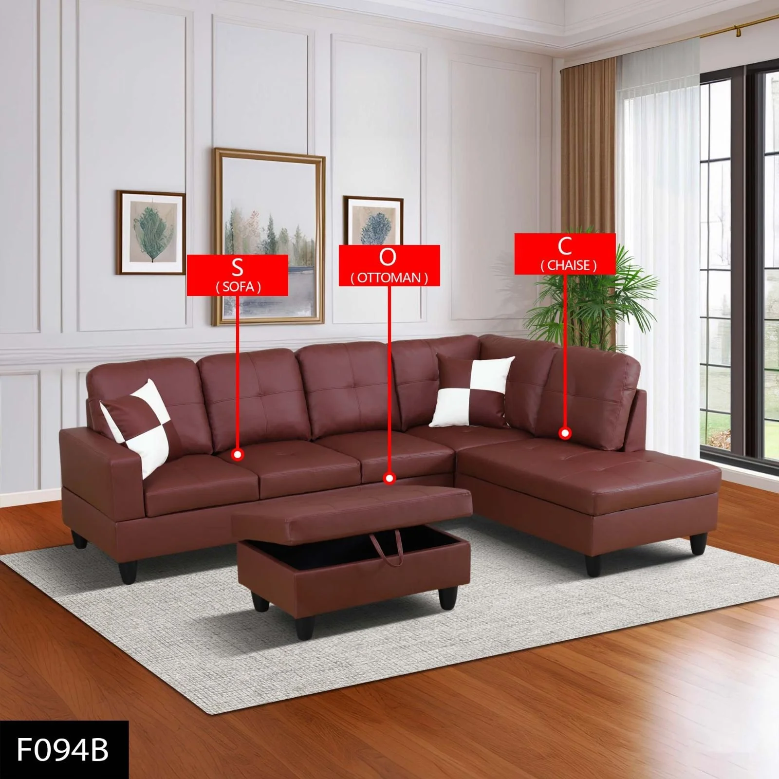 3PC Faux Leather Sectional $750 (F094B)
Color:Dark Red
Features:Ottoman with Storage, Accent Pillows Included 