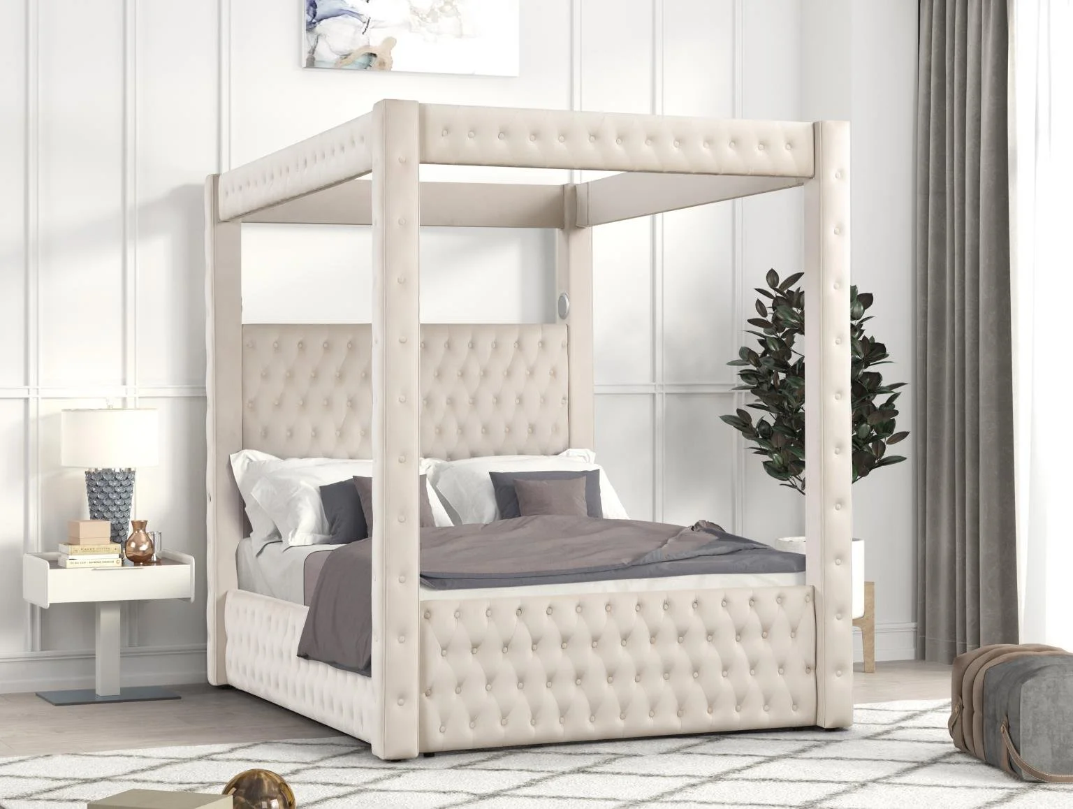 Queen: $900 - King: $1,000 (B146)
Color: Cream
Features: Bluetooth Speaker, USB Charger, Deep tufting, No box spring required