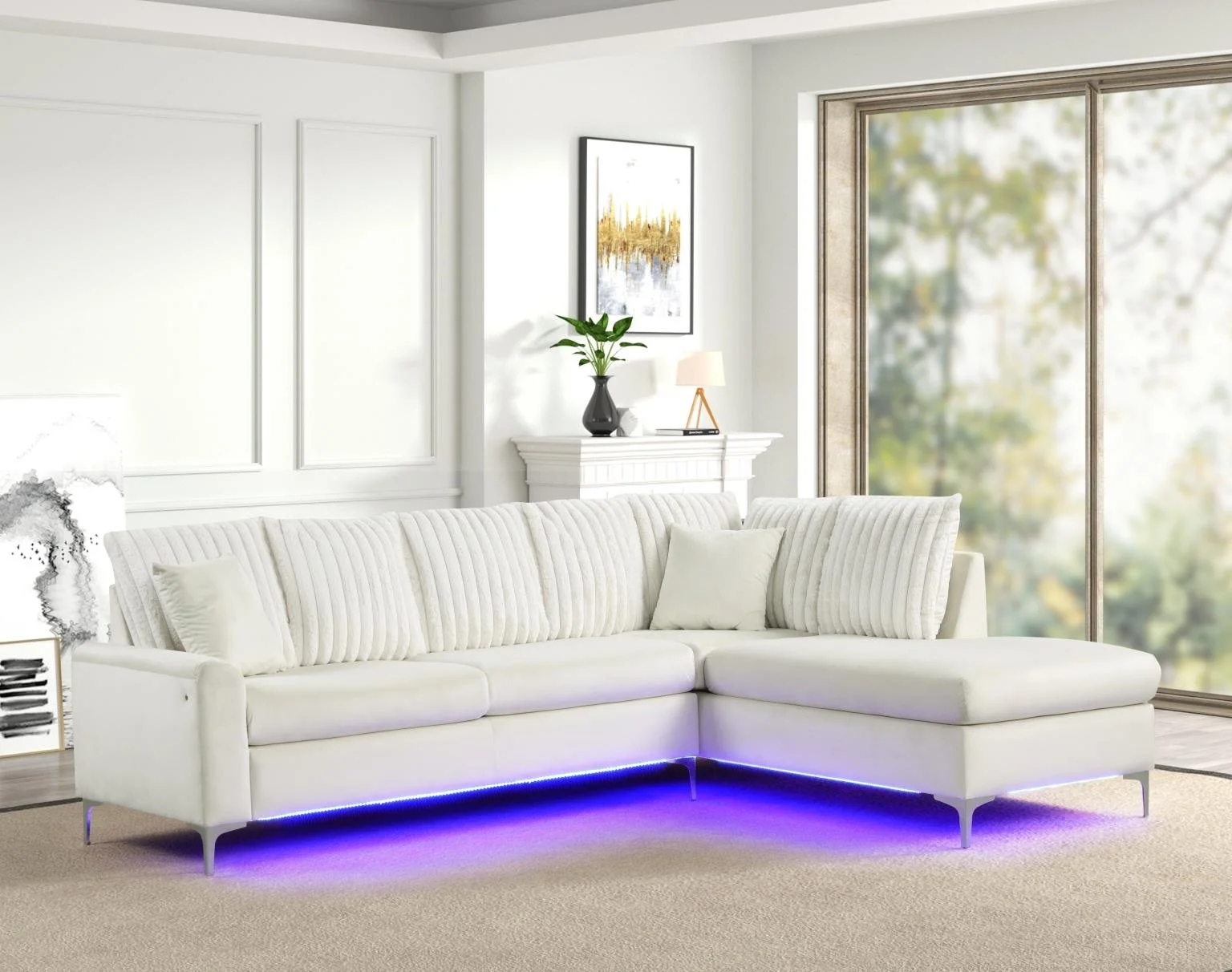 2PC L-Shaped Stationary Sectional $1,000 (S572)

 Color: Beige
- Features: LED Light, Removable Seat Cushion, Chrome Metal Legs