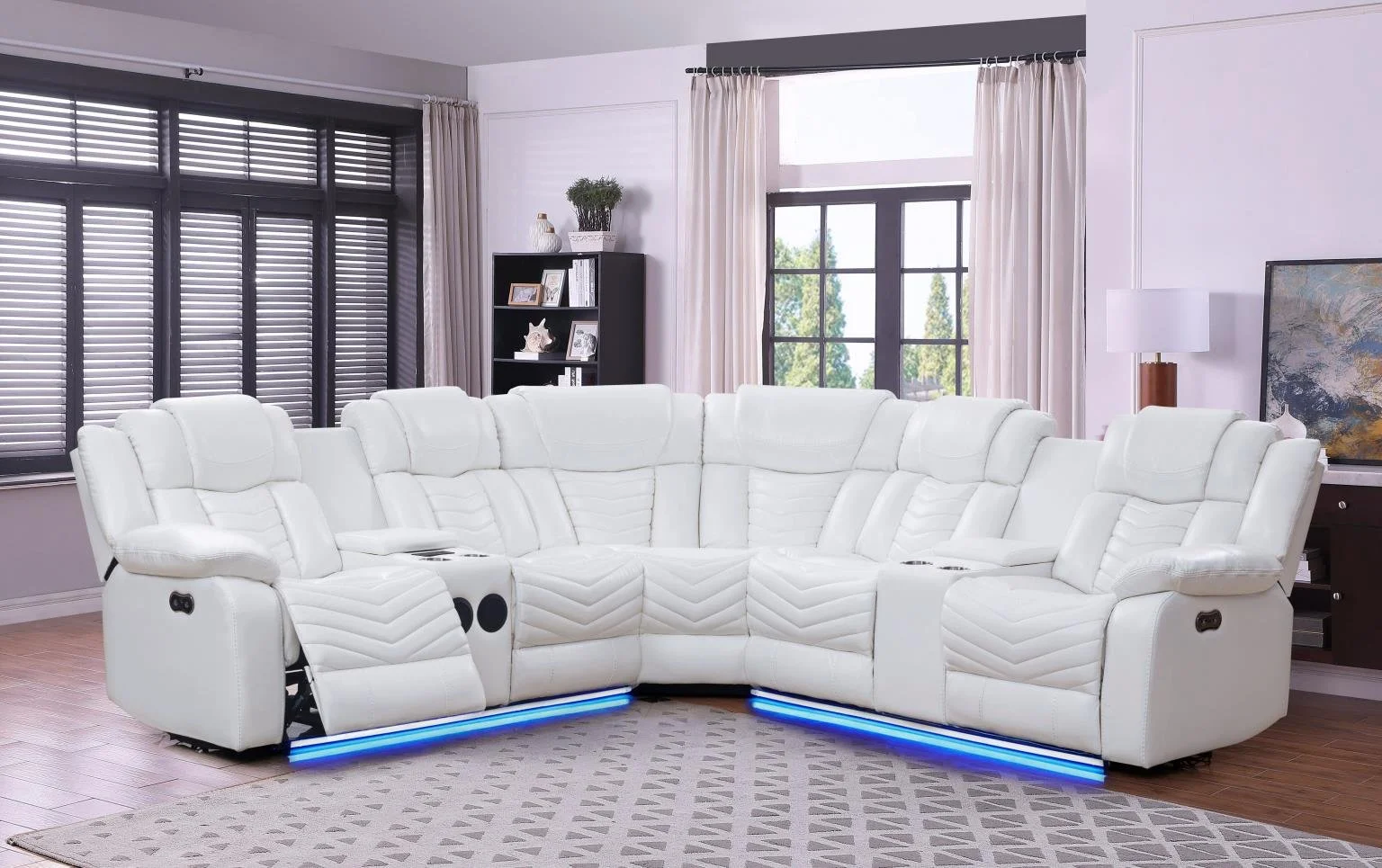 Power Recliner Sectional $2,400 (S482)

Color: White
Features: Bluetooth Speaker,  Two Console Storage, Cup Holders,LED lights, USB, Storage