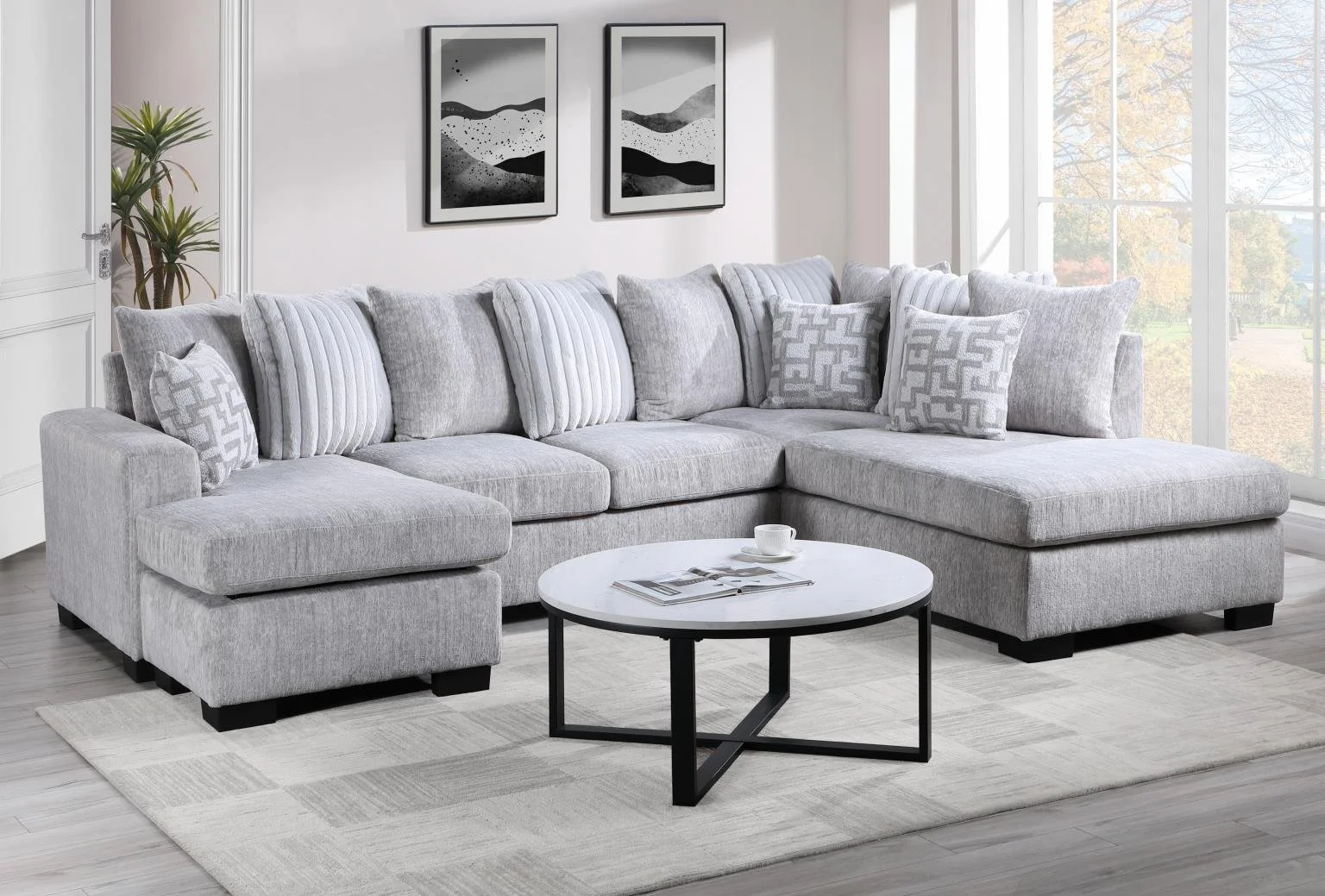 3PC Sectional $1,700 (U265)

Color: Light Gray
Features:
High Density Seat Cushions, Pillow Back
Reversible, Accent Pillows Included