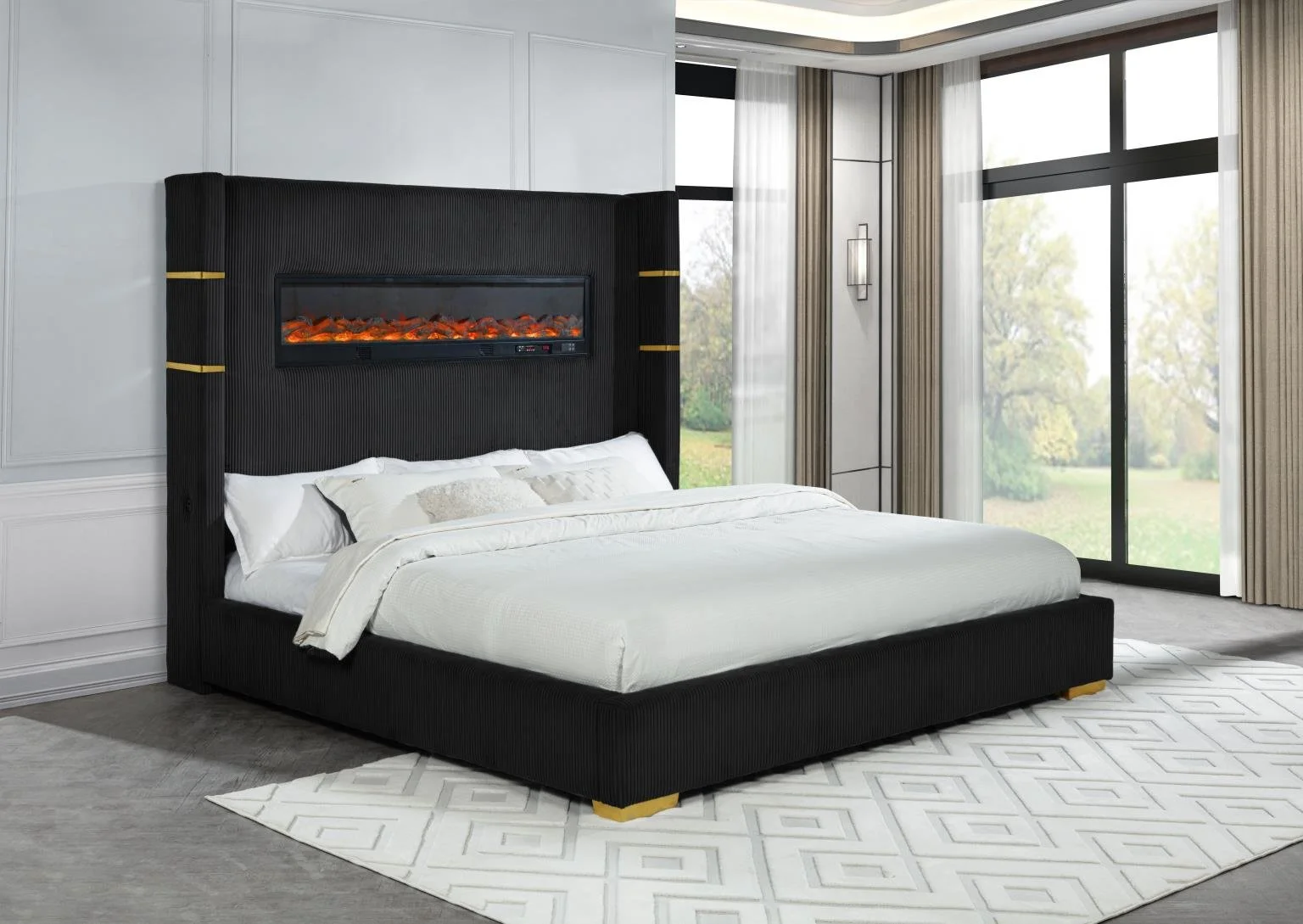 Queen: $900 - King: $1,000 (B164)
Color: Black
Features: Bluetooth Speaker, Built-in fireplace, USB Charger, Box Spring Required
Plywood, Velvet