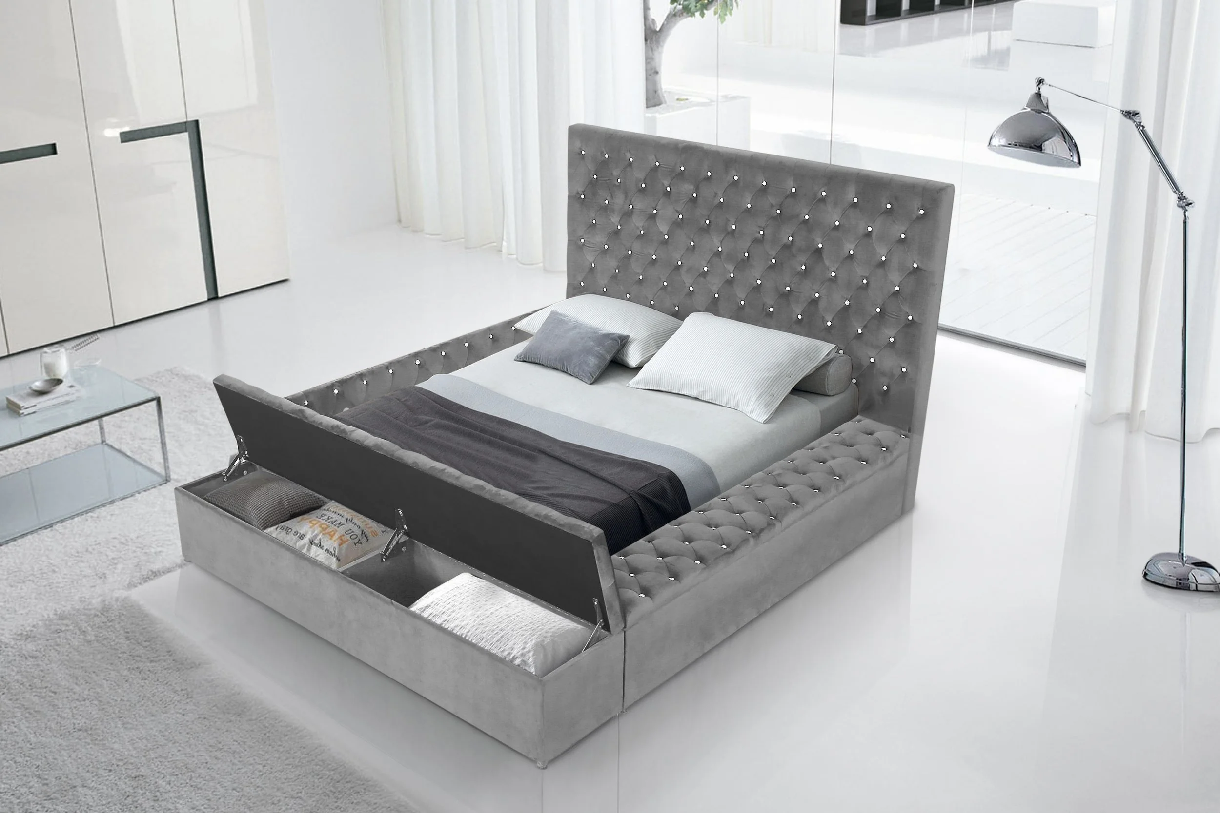 Queen: $750 - King: $900 (B121)

Color: Gray
Features: Upholstered, Velvet Fabric,
Storage