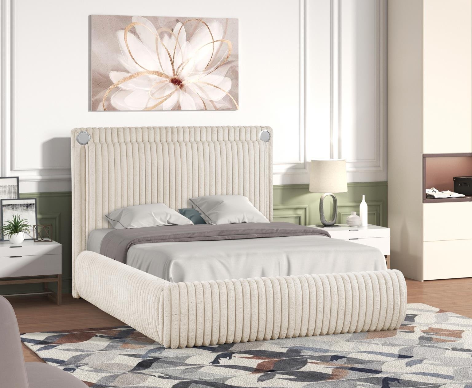 Queen: $760 - King: $860 (B162)

Color: Cream
Features: Bluetooth Speaker, USB Charger, No Box Spring required, Fur Fabric, Plywood