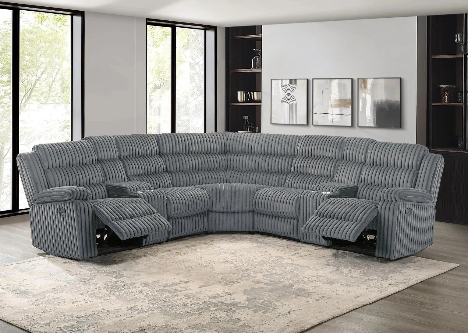 Manual Recliner Sectional $2,000 (S485)

Color: Gray
Features: Corduroy Fabric, Storage Console, Cup Holder, 2 Manual Recliners