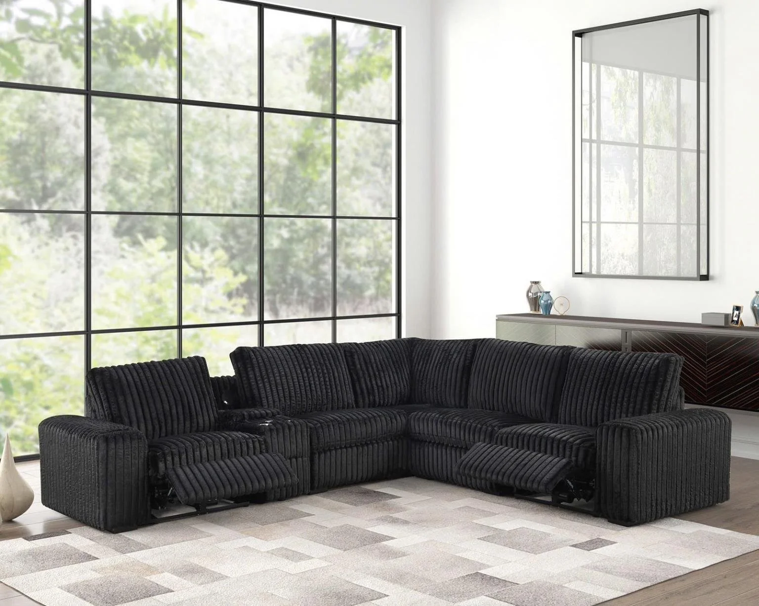 Power Recliner Sectional $2,700 (S410)
Color: Black
Features: Ultra Soft Fabric, Storage Console, Cup Holder, Bluetooth Speaker, Wireless / USB Charger
