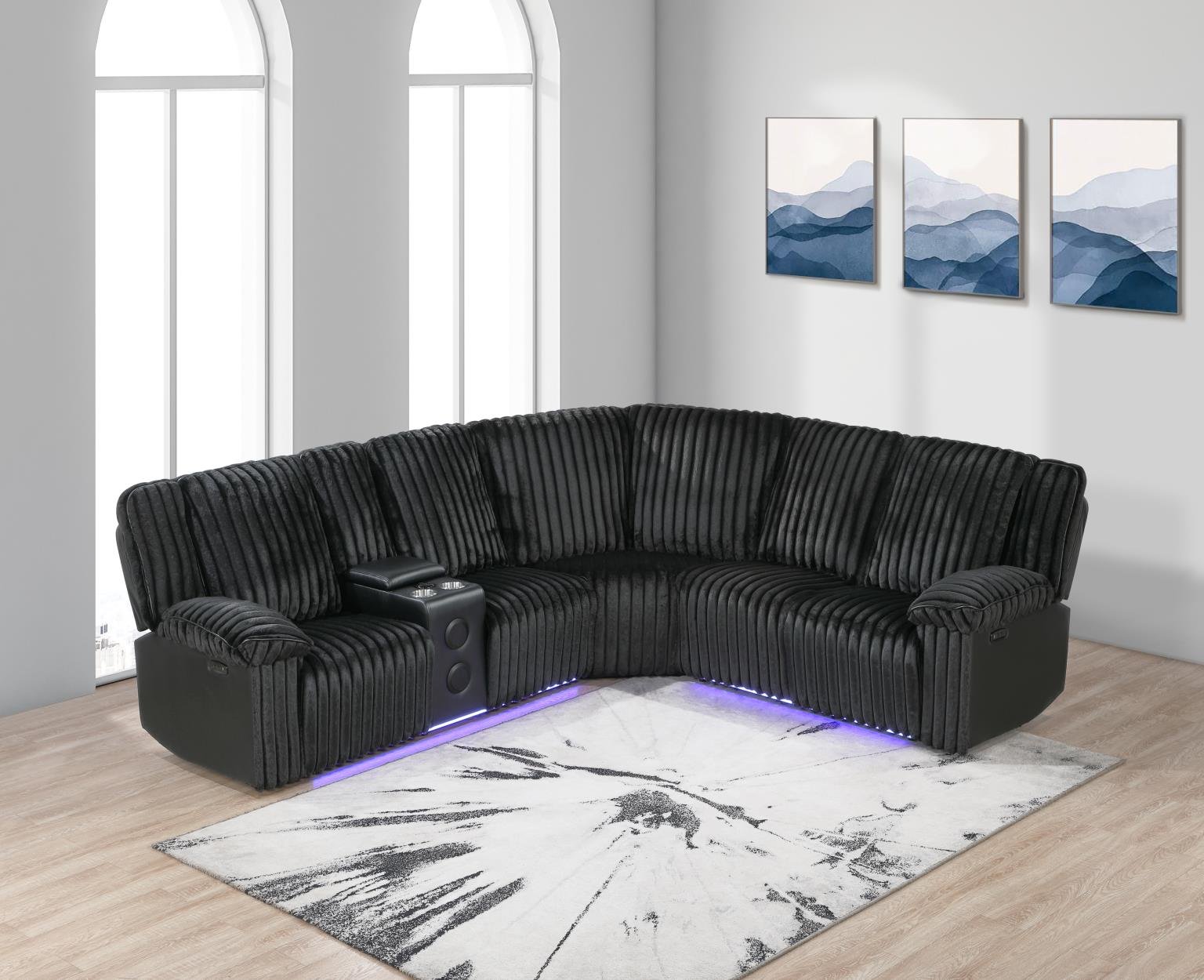 3PC Power Recliner Sectional $2,000 (S456)

Color:Black
Features:Bluetooth Speaker,USB Charger,
LED Light, Storage Console,Cup Holder