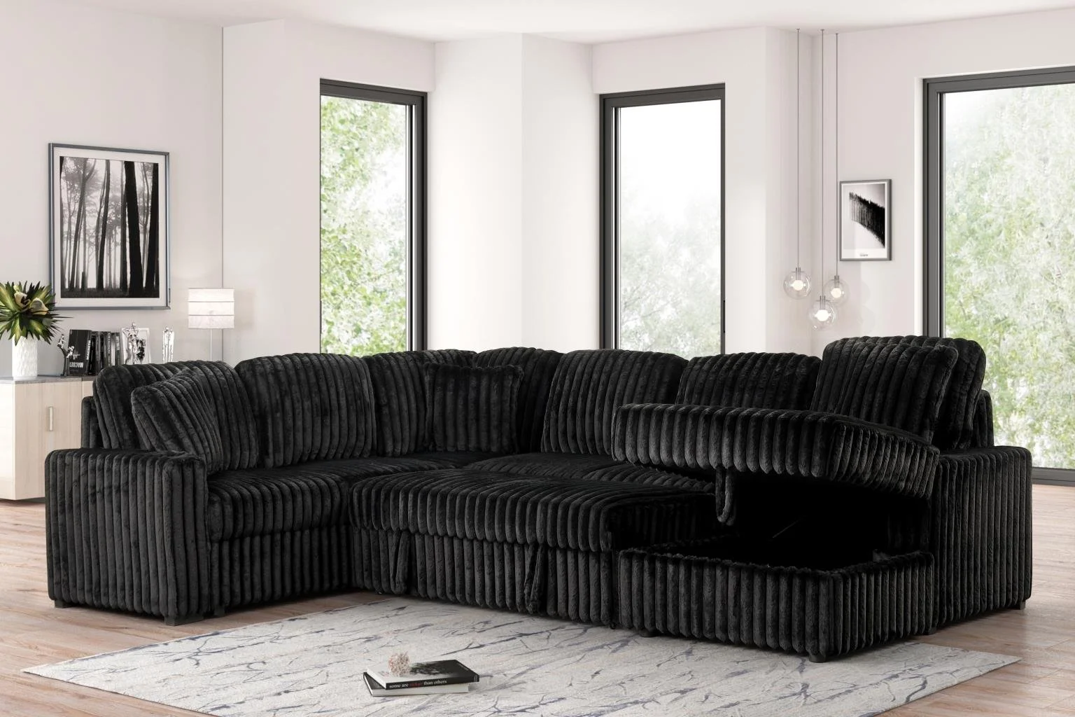 3PC Spacious Sectional $1,800(S508)
Color:Black
Features: Pull-Out Sleeper, Lift-Up Storage Chaise, Cup Holders, USB - Type C