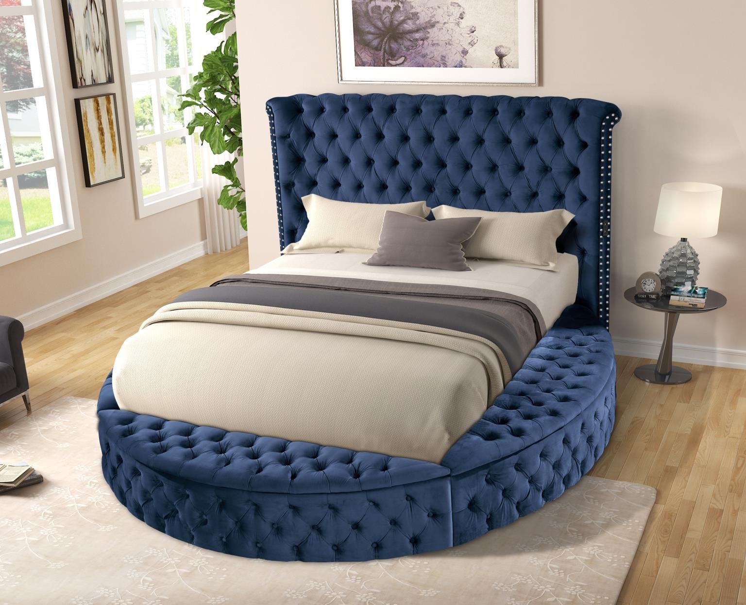 Queen: $1,100 - King: $1,300 (B126)
Color: Blue

Features: Upholstered, Bluetooth Speaker,
USB Charger, Storage, Velvet
