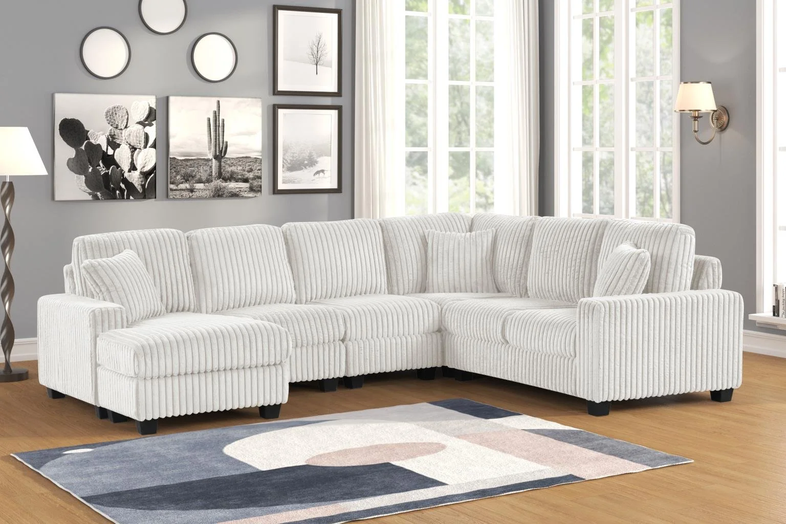 5PC Reversible Sectional $1,600 (S512)

Color:White
Features: Wide Corduroy Fabric,Throw Pillows Included, Supportive Backrest 
