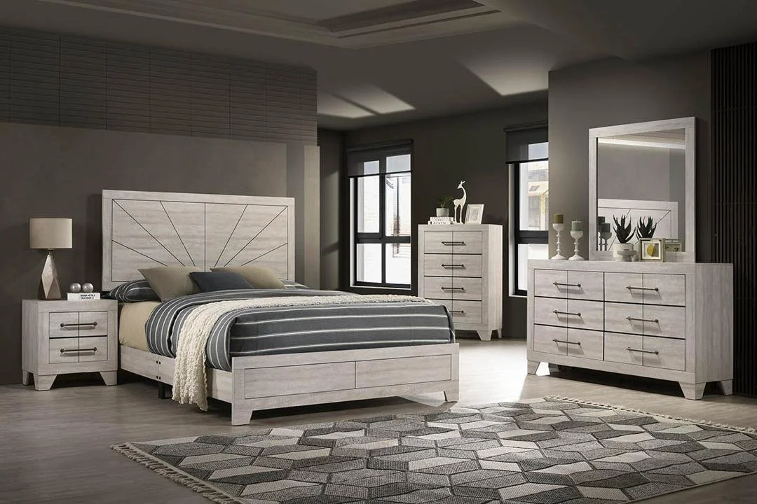 Modern bedroom with light wood furniture, a bed with striped bedding, a nightstand, a dresser with a mirror, and two windows letting in natural light.