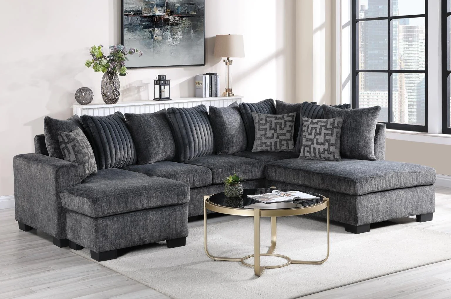 3PC Sectional $1,700 (U264)

Color: Charcoal
Features:
High Density Seat Cushions, Pillow Back
Reversible, Accent Pillows Included