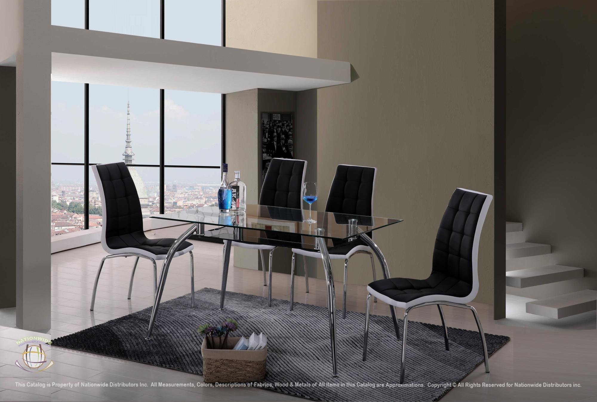 Modern dining room with a glass table, four black and white chairs, and a city view through large windows.