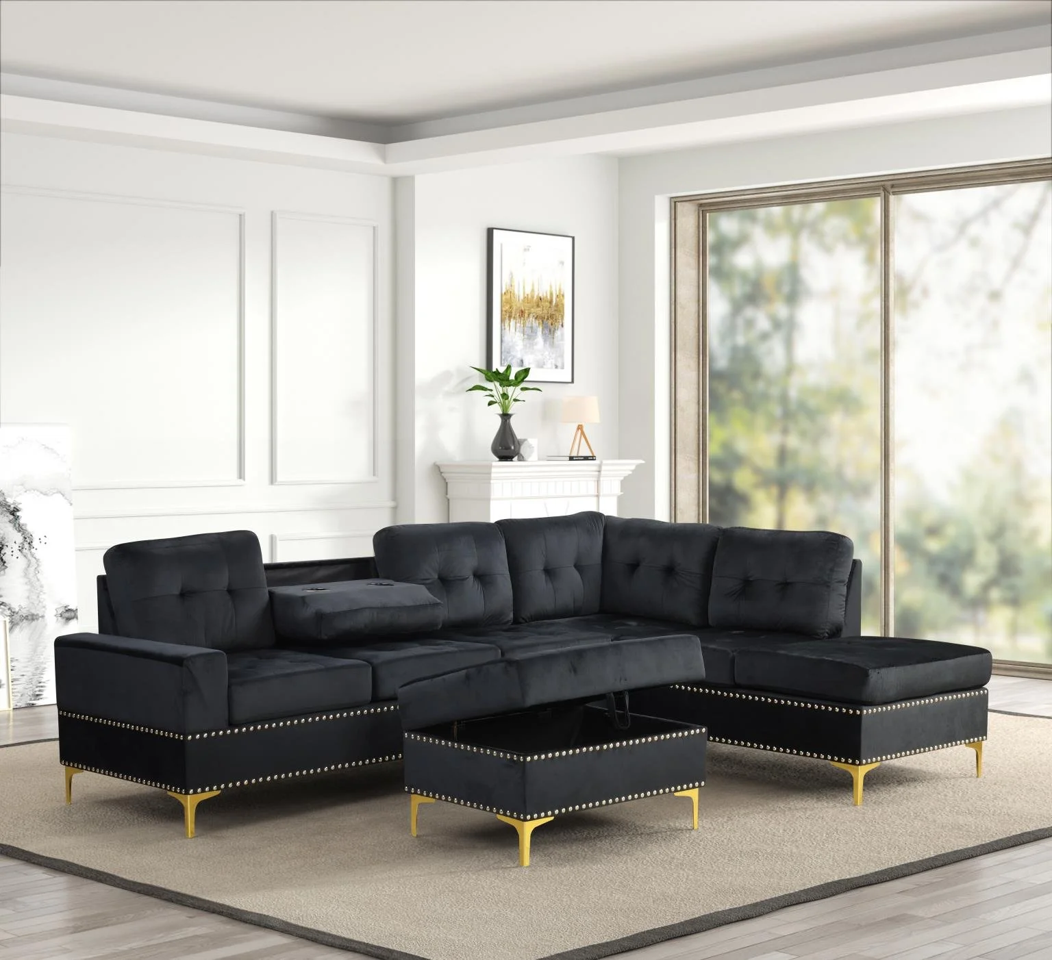 2PC Velvet Sectional $1,100(S562)
Color:Black
Features: Drop Down Table, Cup Holder, Nailhead Trim, Chrome Metal Legs, Ottoman Included